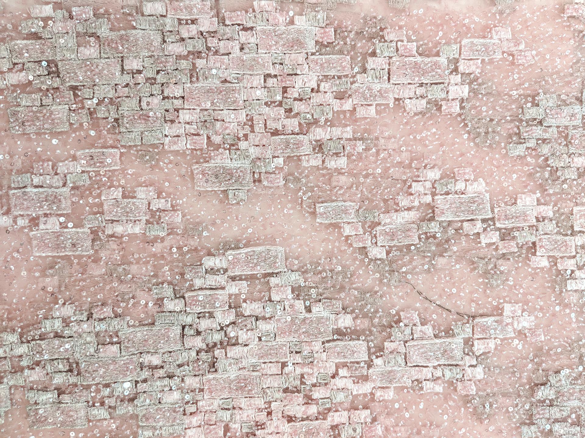 Beaded Tulle with Embroidered Squares in Pink