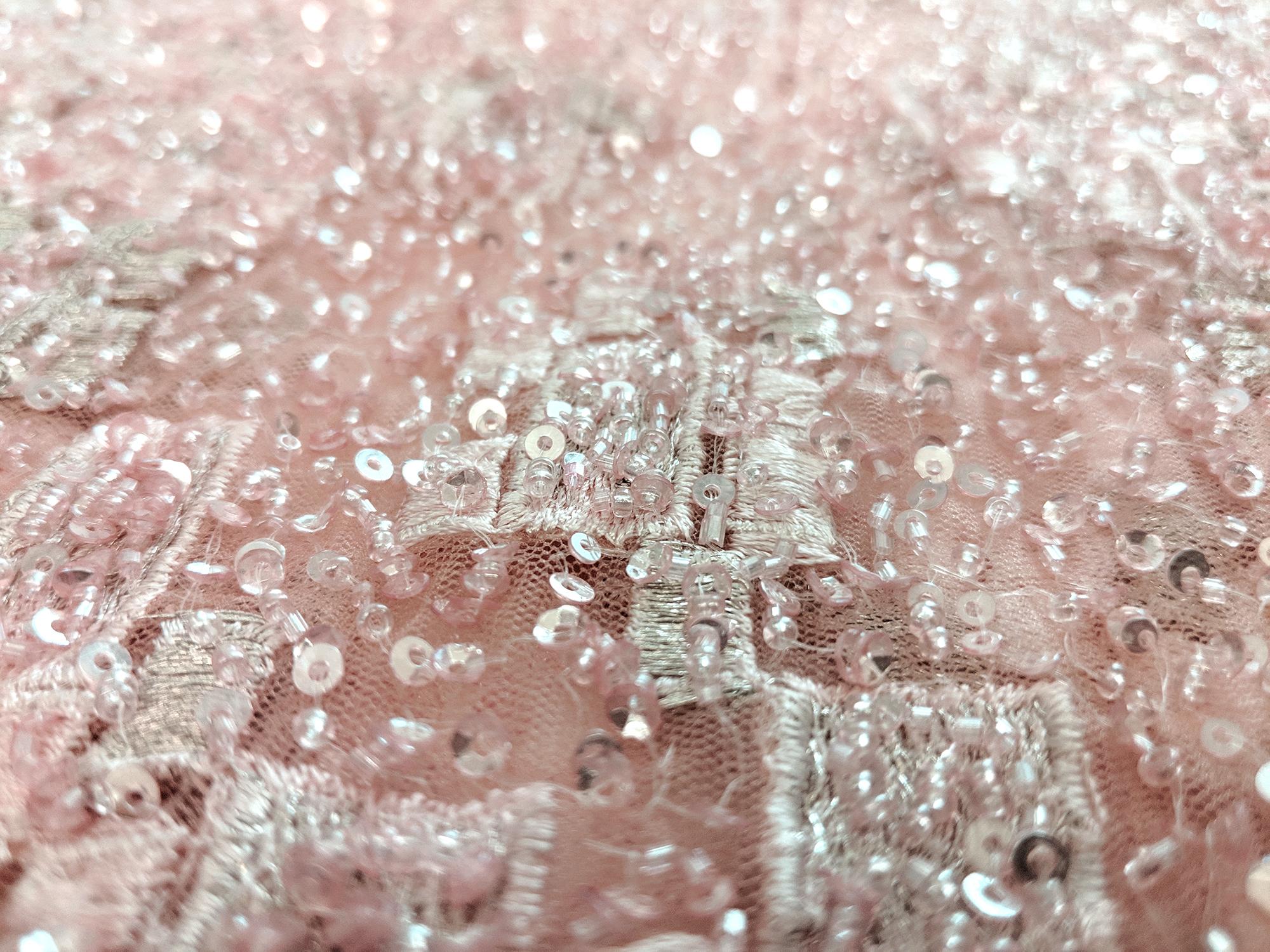 Beaded Tulle with Embroidered Squares in Pink