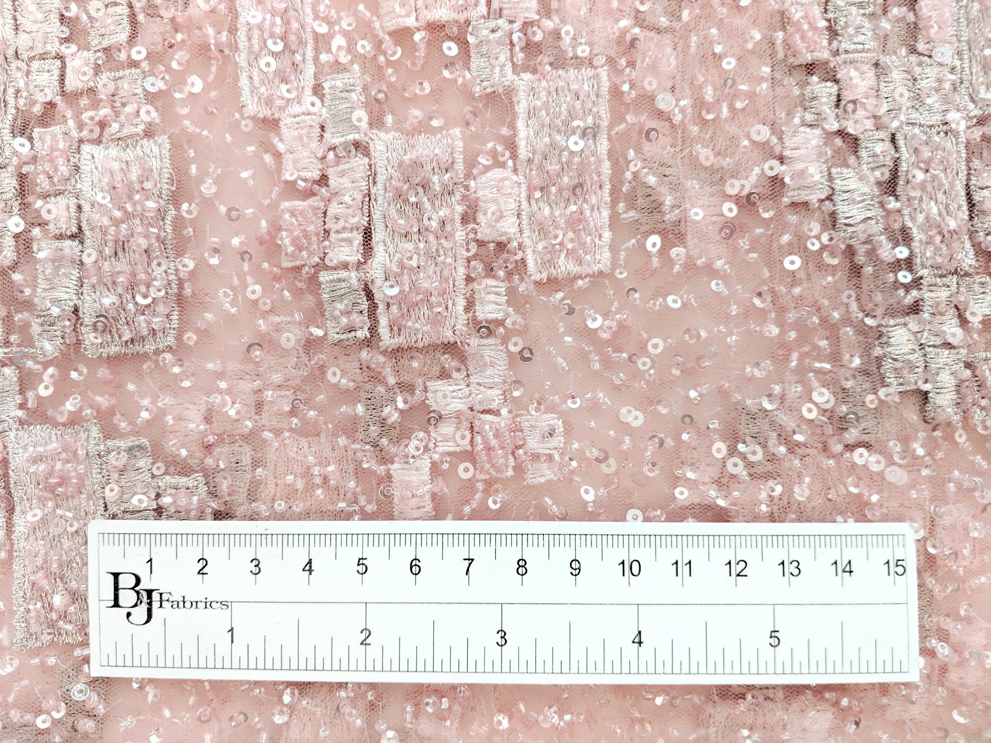 Beaded Tulle with Embroidered Squares in Pink