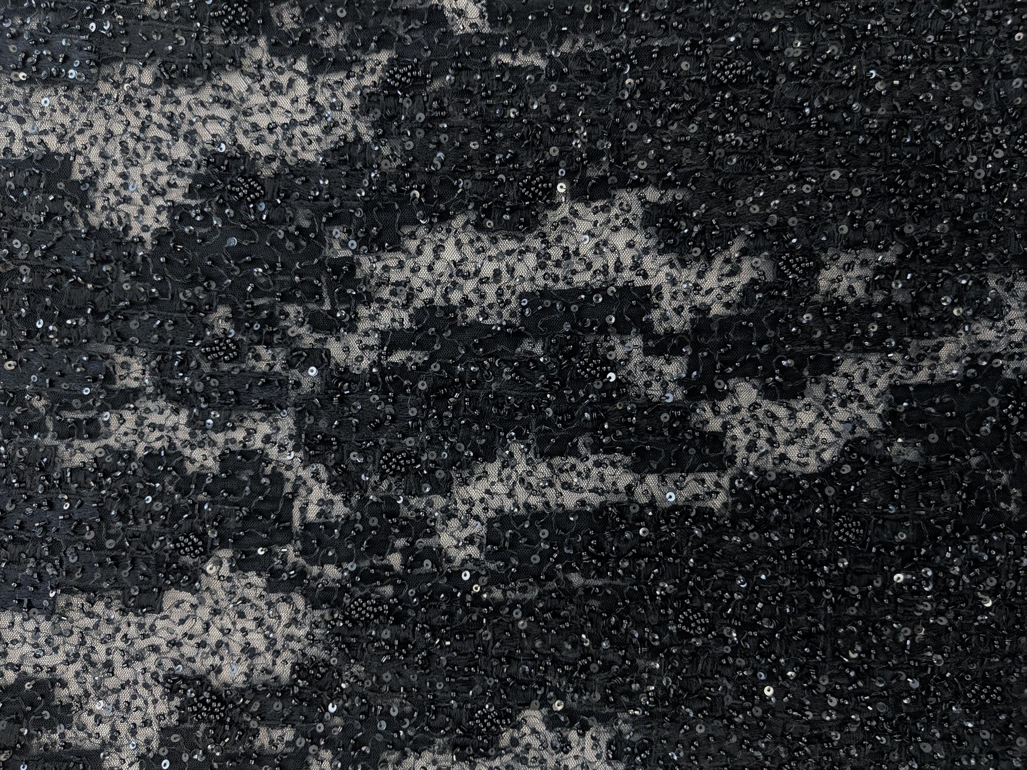 Beaded Tulle with Embroidered Squares in Black