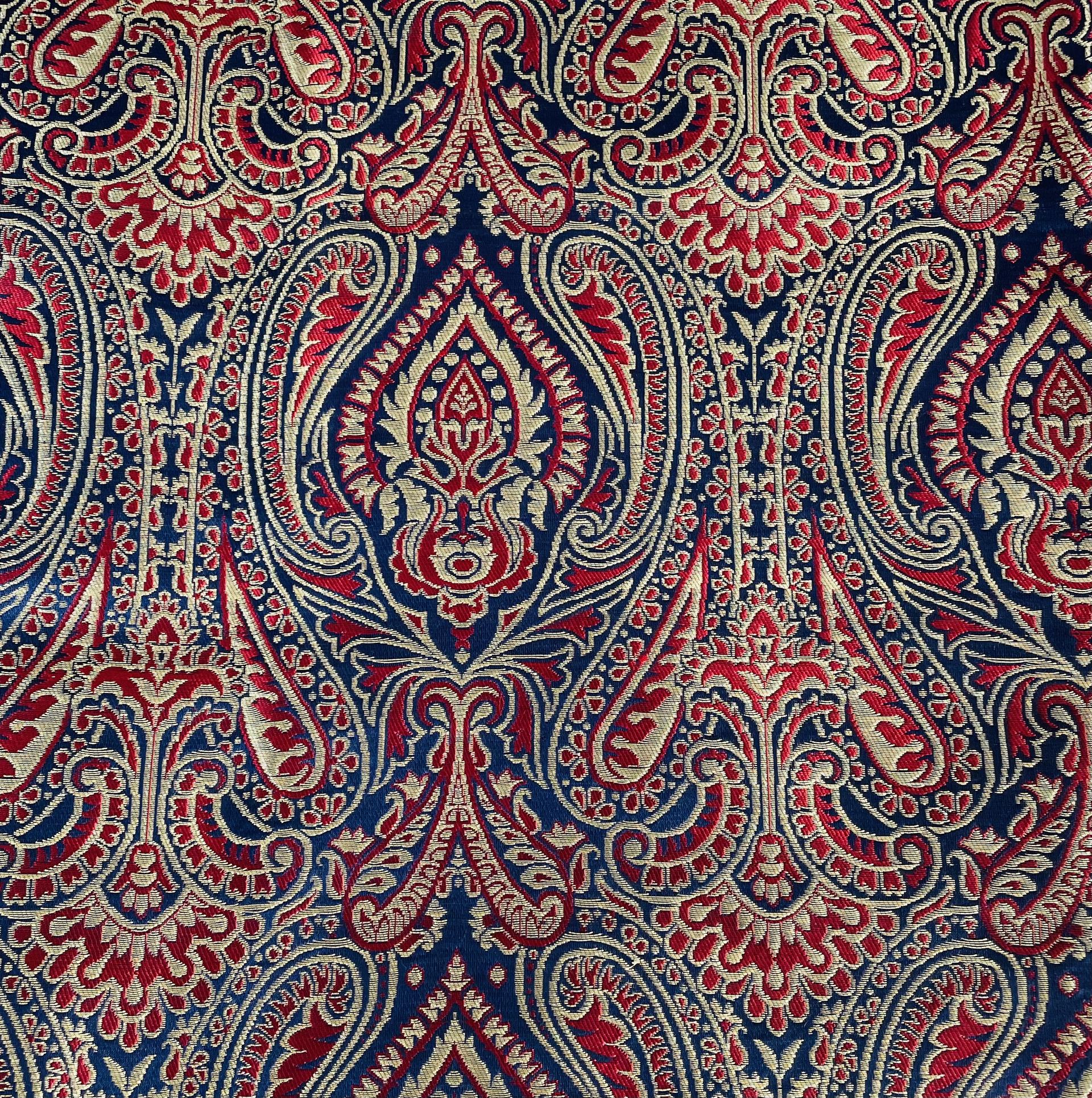 Metallic Brocade in Navy Ground with Burgundy and Metallic Gold Paisley