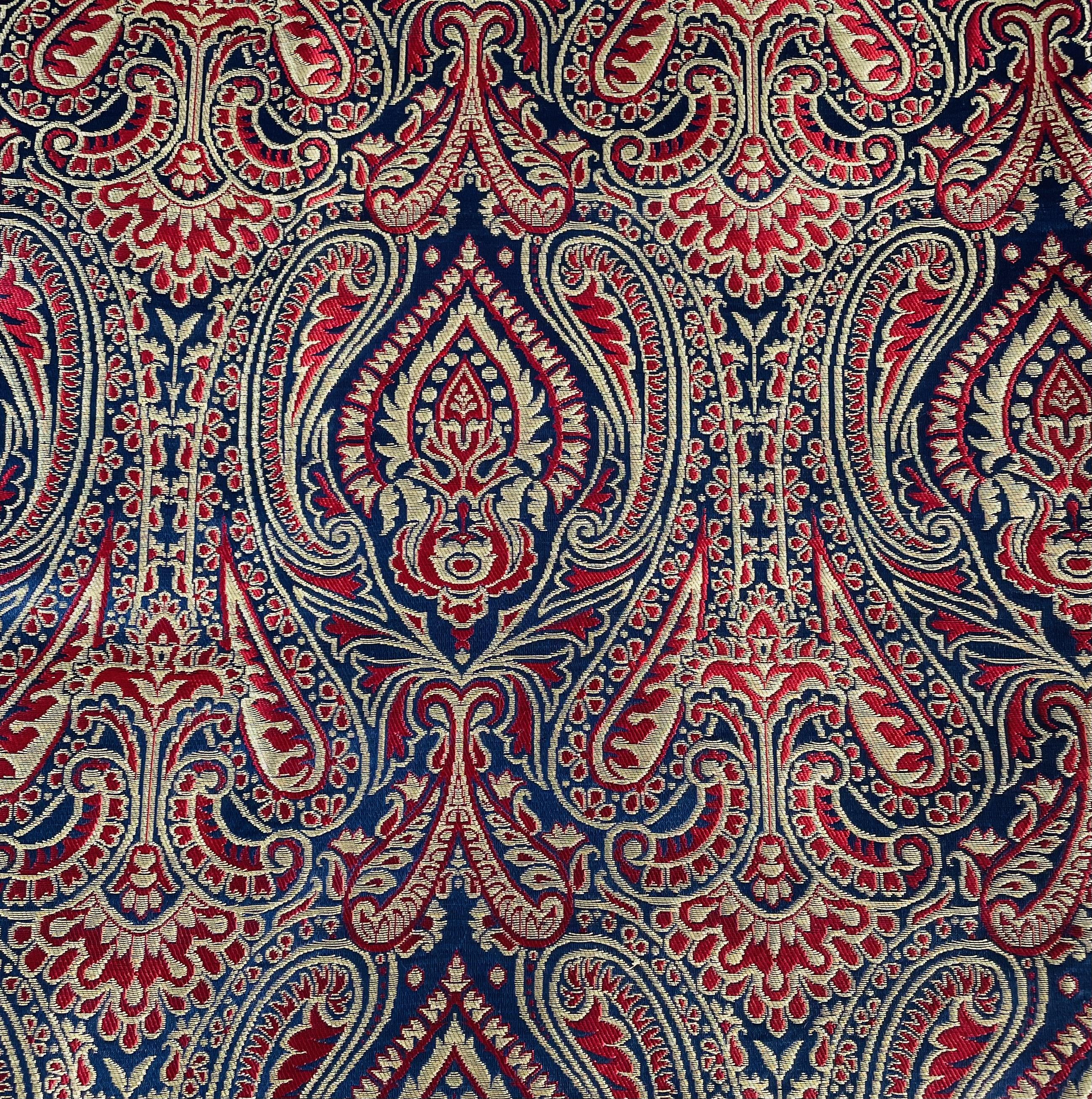 Metallic Brocade in Navy Ground with Burgundy and Metallic Gold Paisley