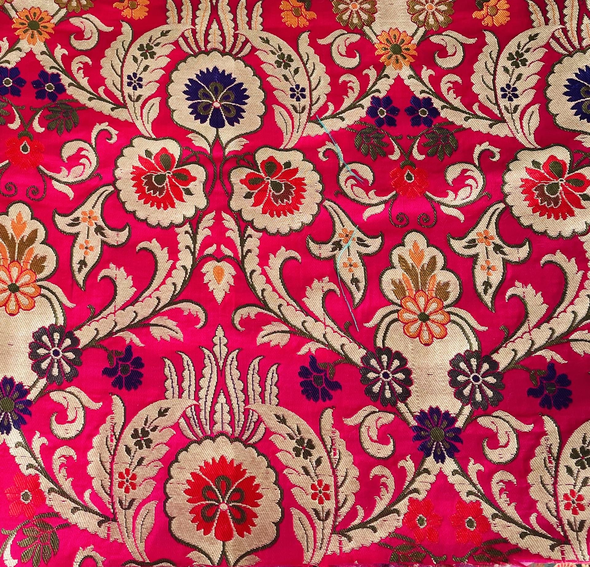 Metallic Brocade in Fuchsia Ground with Multi-Colored Gold Metallic Floral
