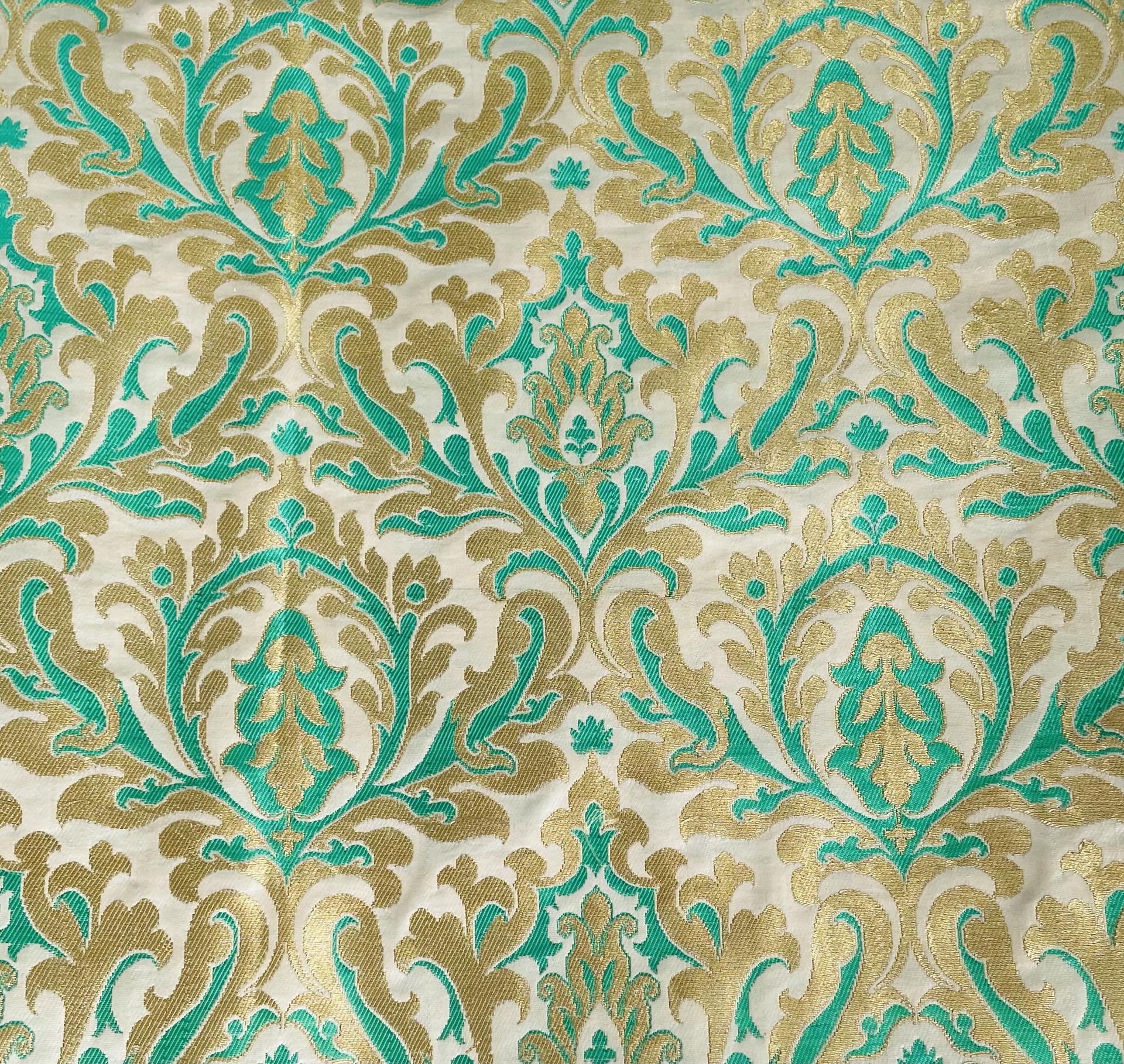 Metallic Brocade in Off-White Ground with Green and Gold Baroque Design