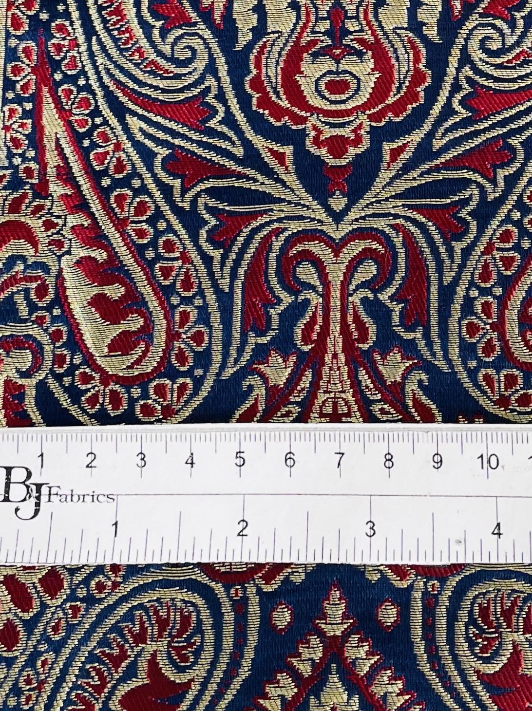 Metallic Brocade in Navy Ground with Burgundy and Metallic Gold Paisley