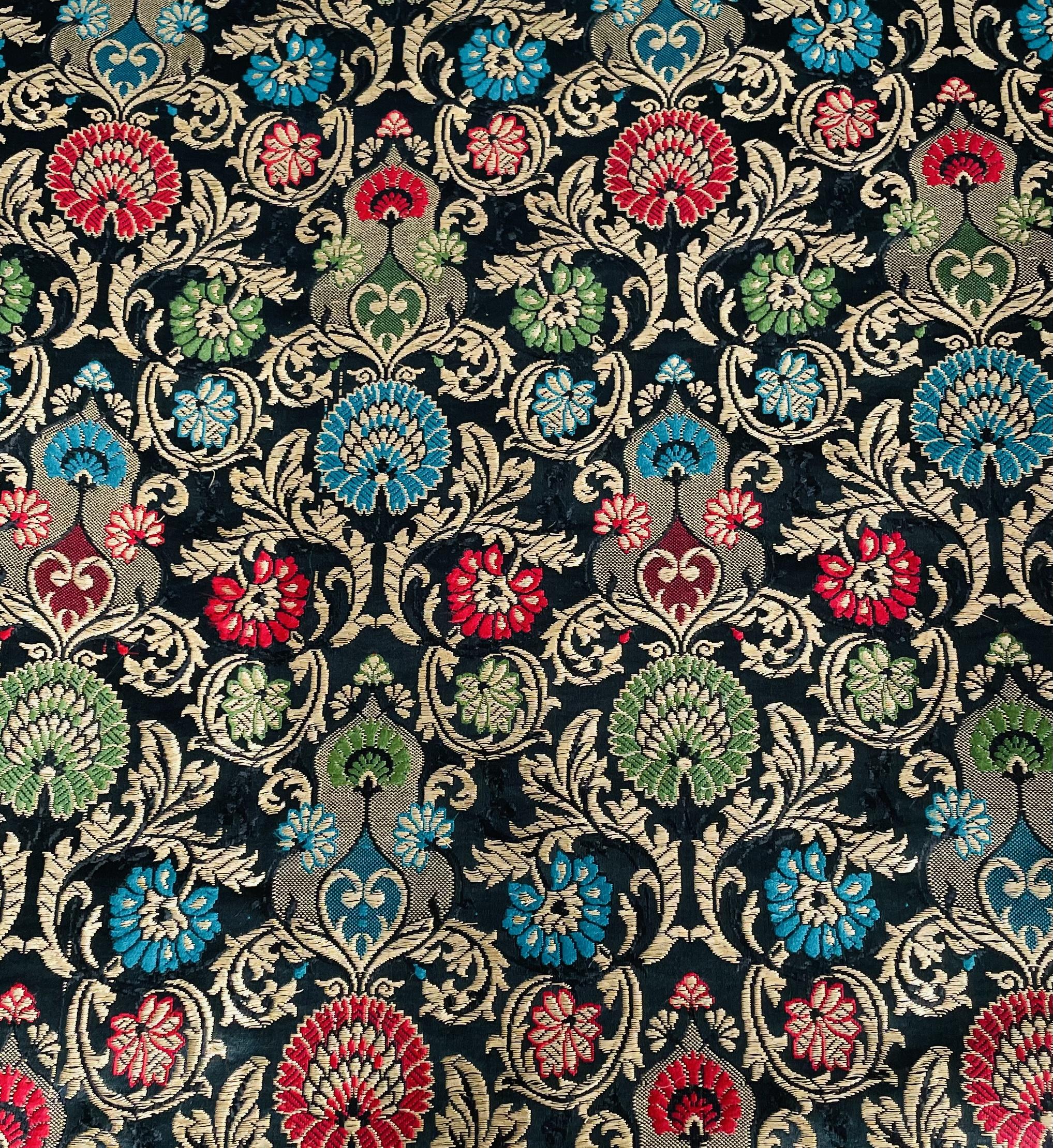 Metallic Brocade in Black Ground with Multi-Colored Gold Metallic Floral