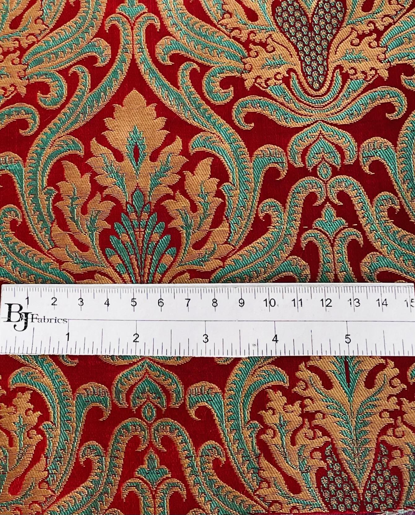 Metallic Brocade in Red Ground with Green and Gold Baroque Design