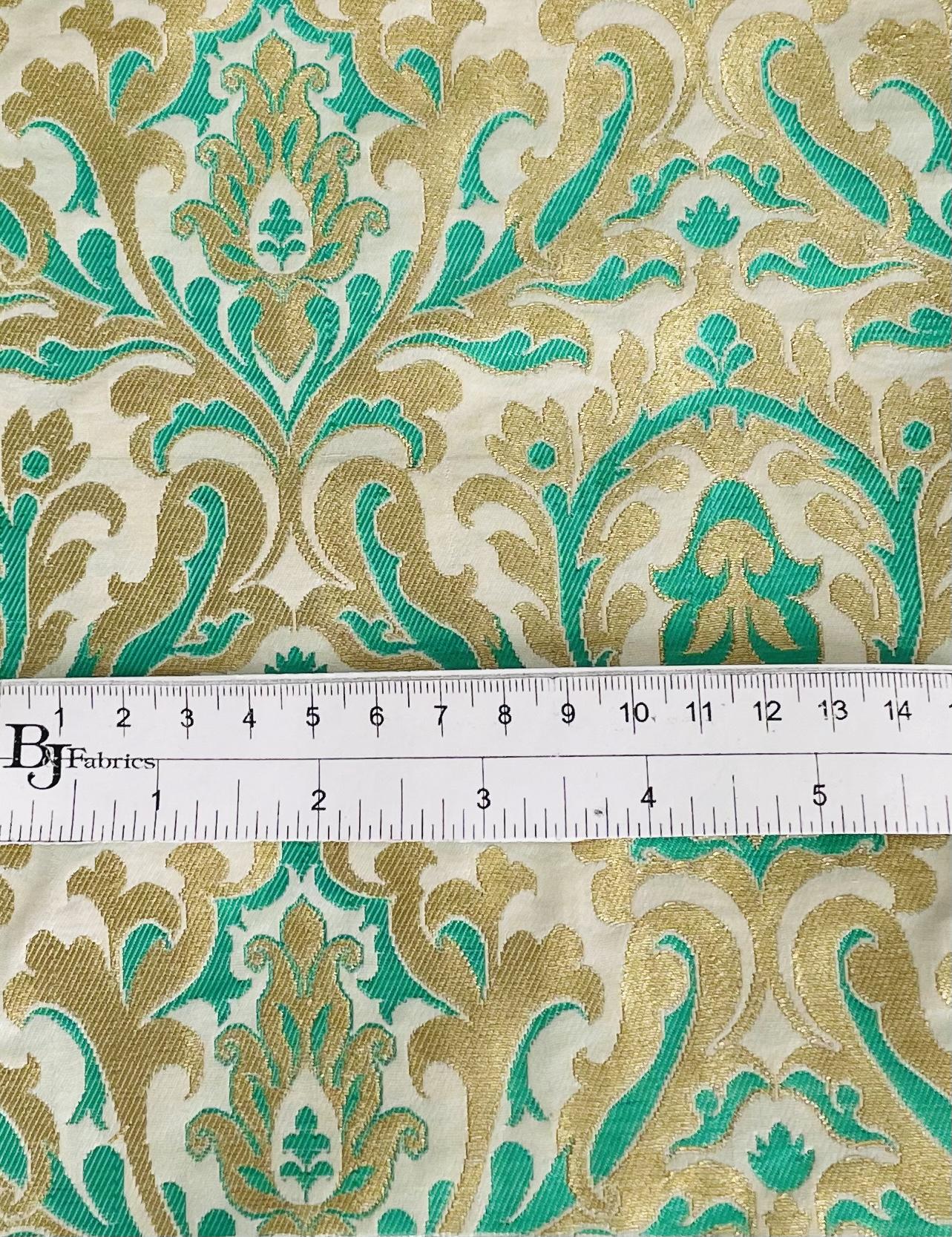 Metallic Brocade in Off-White Ground with Green and Gold Baroque Design