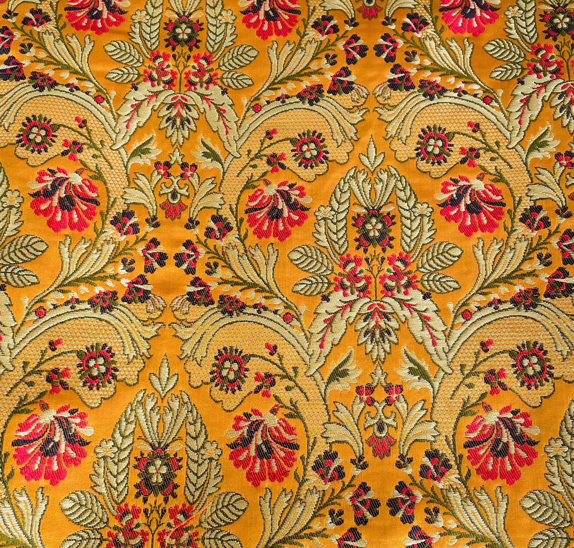 Metallic Brocade in Orange Ground with Multi-Colored Gold Metallic Floral