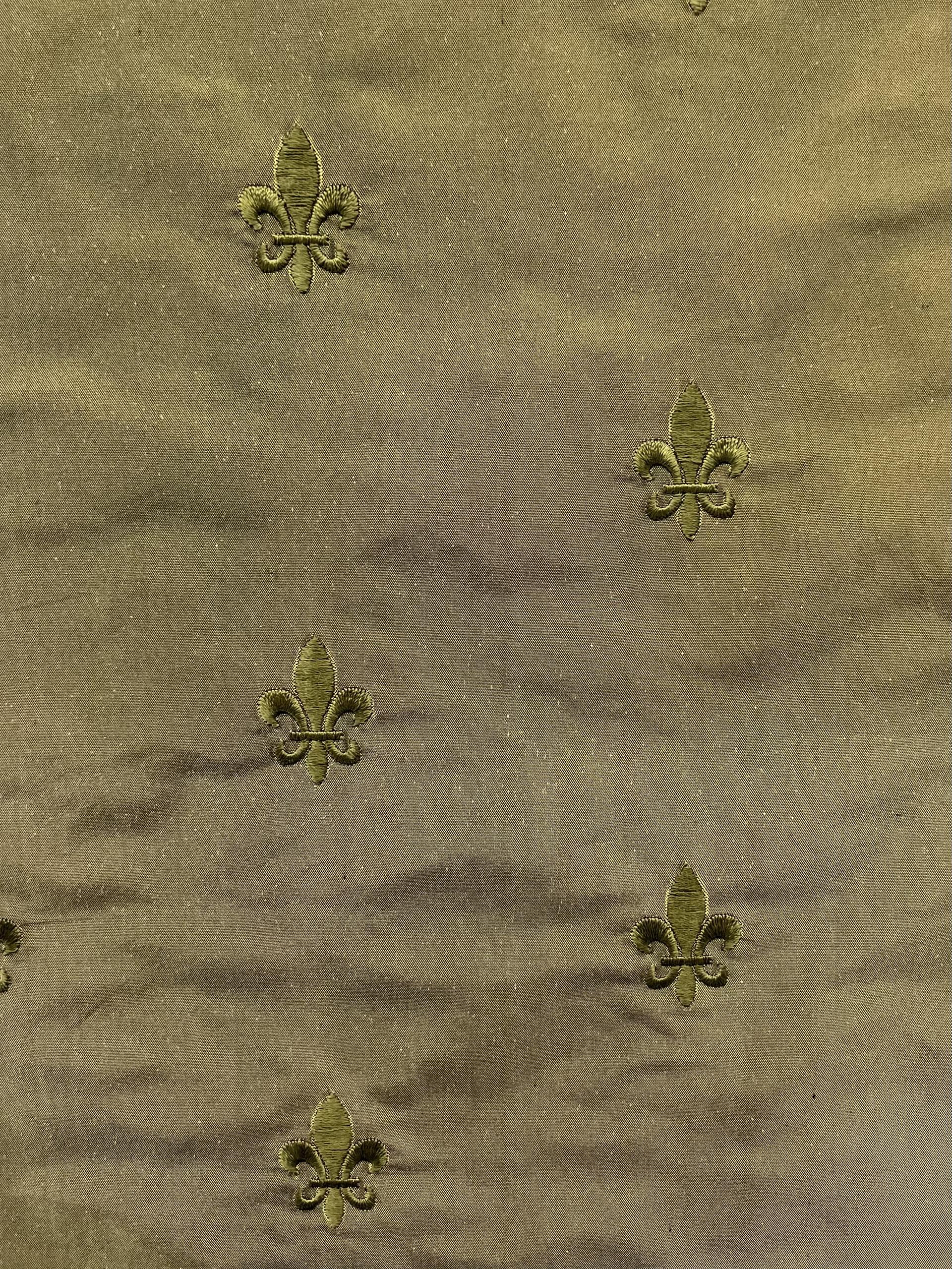 Fleur-De-Lis Embroidered Silk Taffeta in Olive
