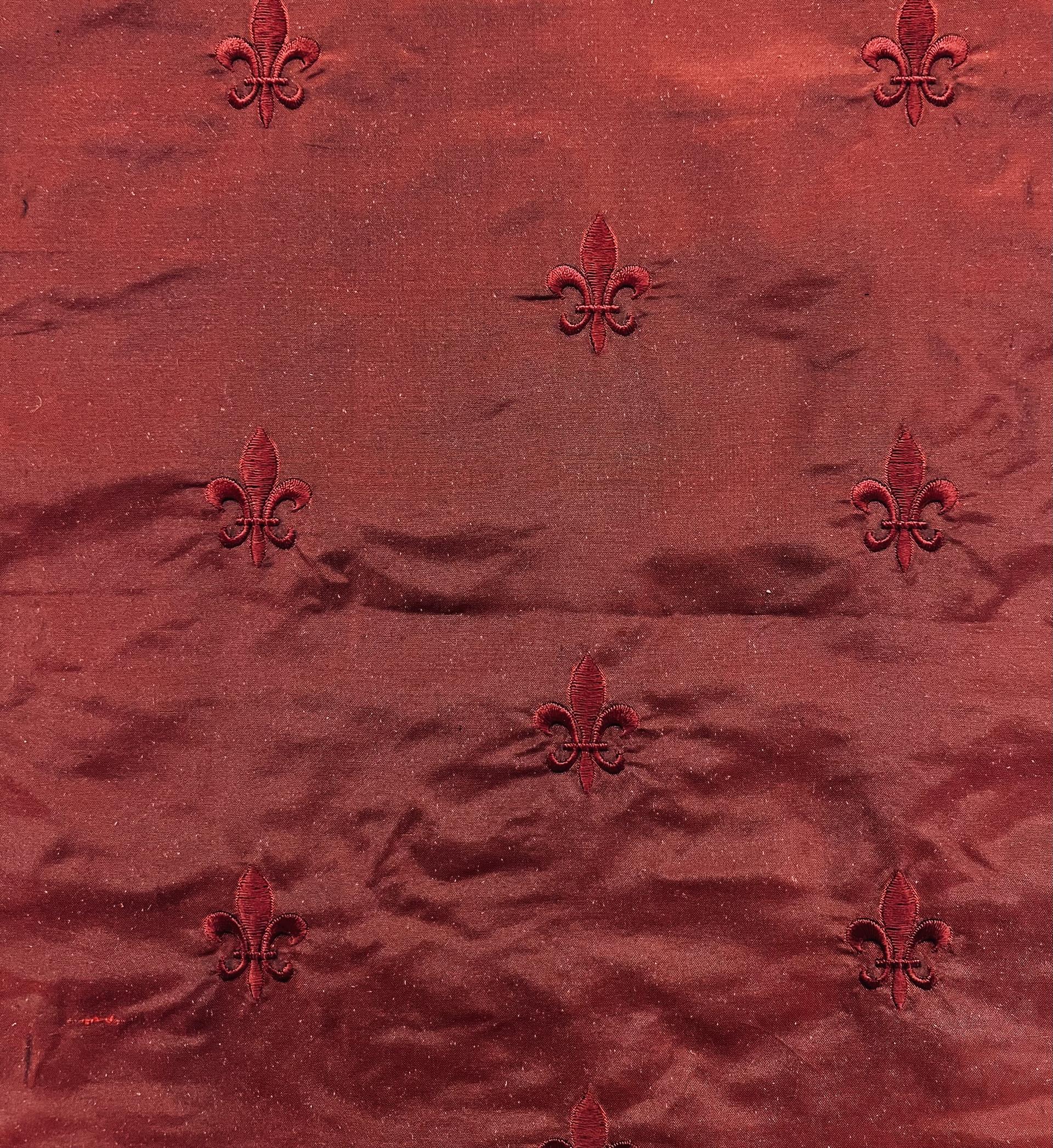 Fleur-De-Lis Embroidered Silk Taffeta in Ox Blood