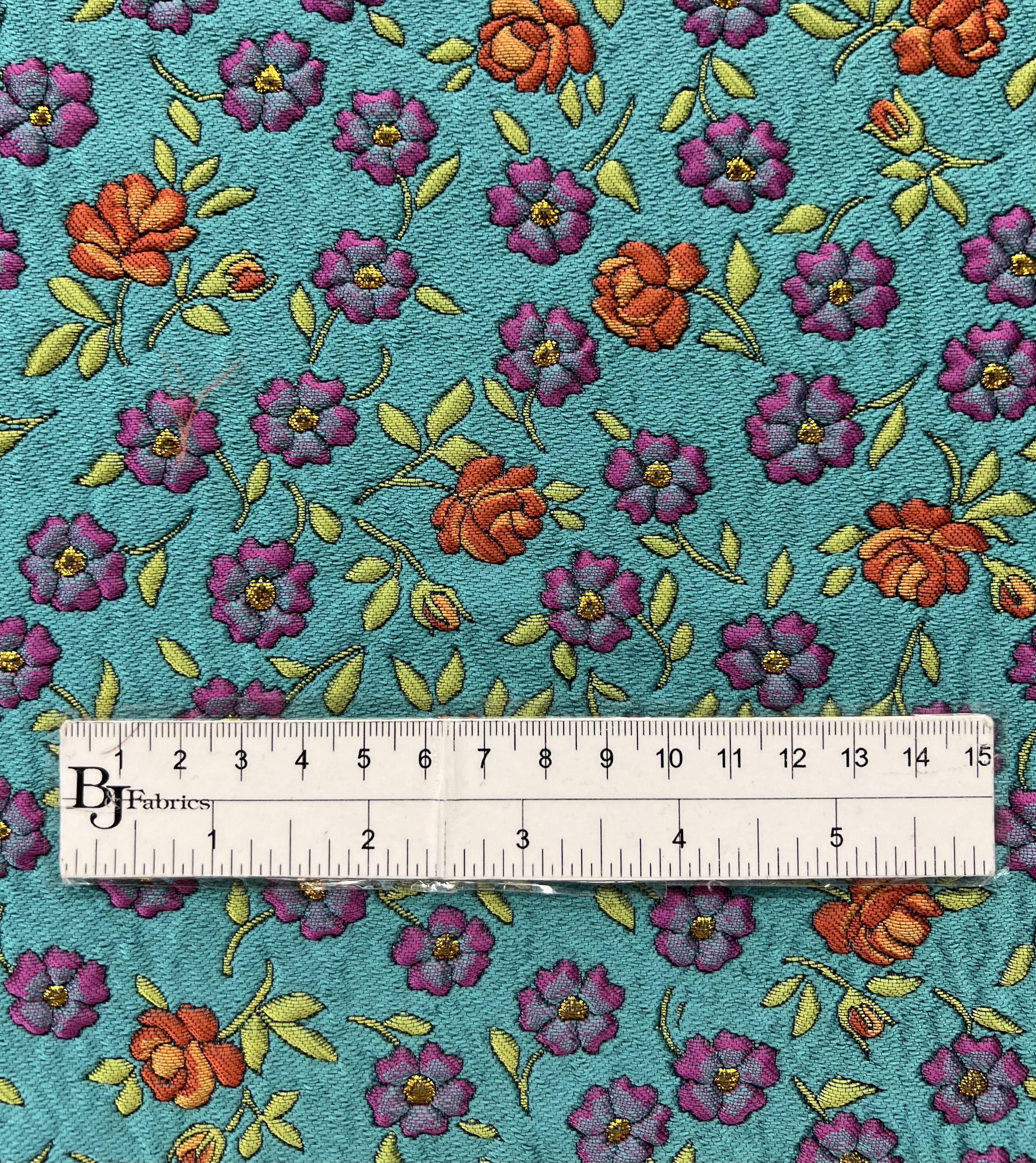Multicolor Floral Jacquard Brocade in Turqoise