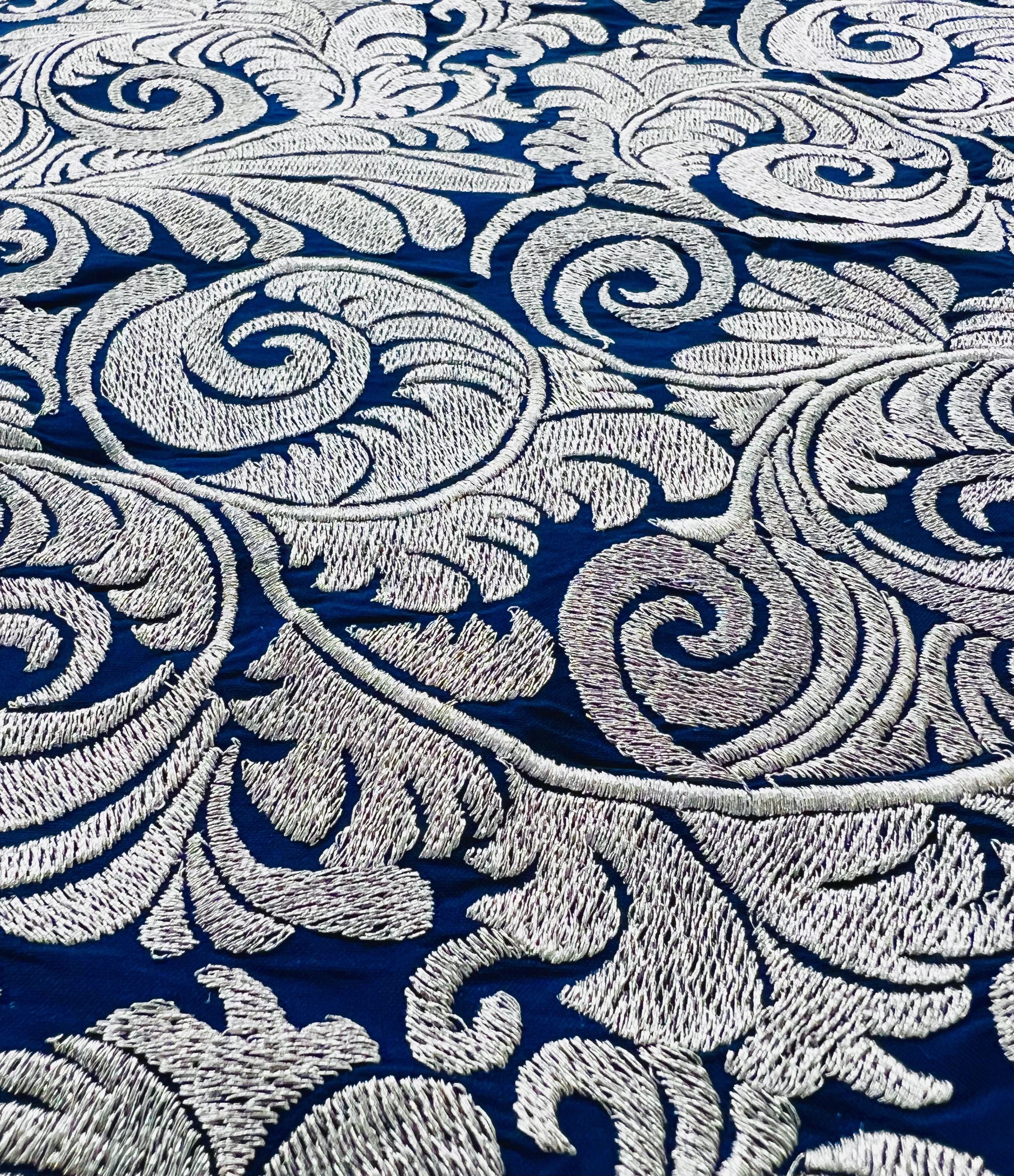 Embroidered NavyTaffeta in Silver