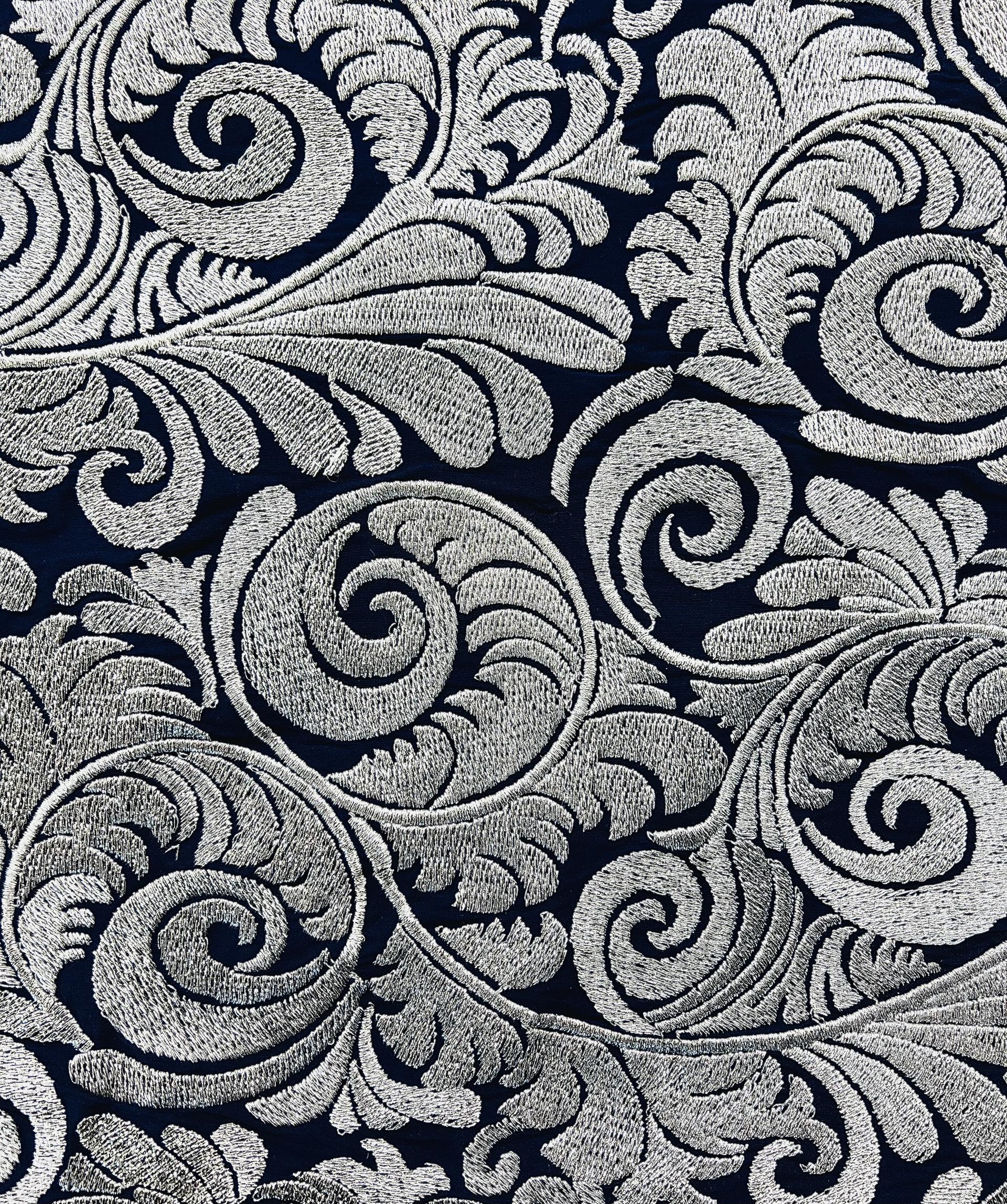 Embroidered NavyTaffeta in Silver