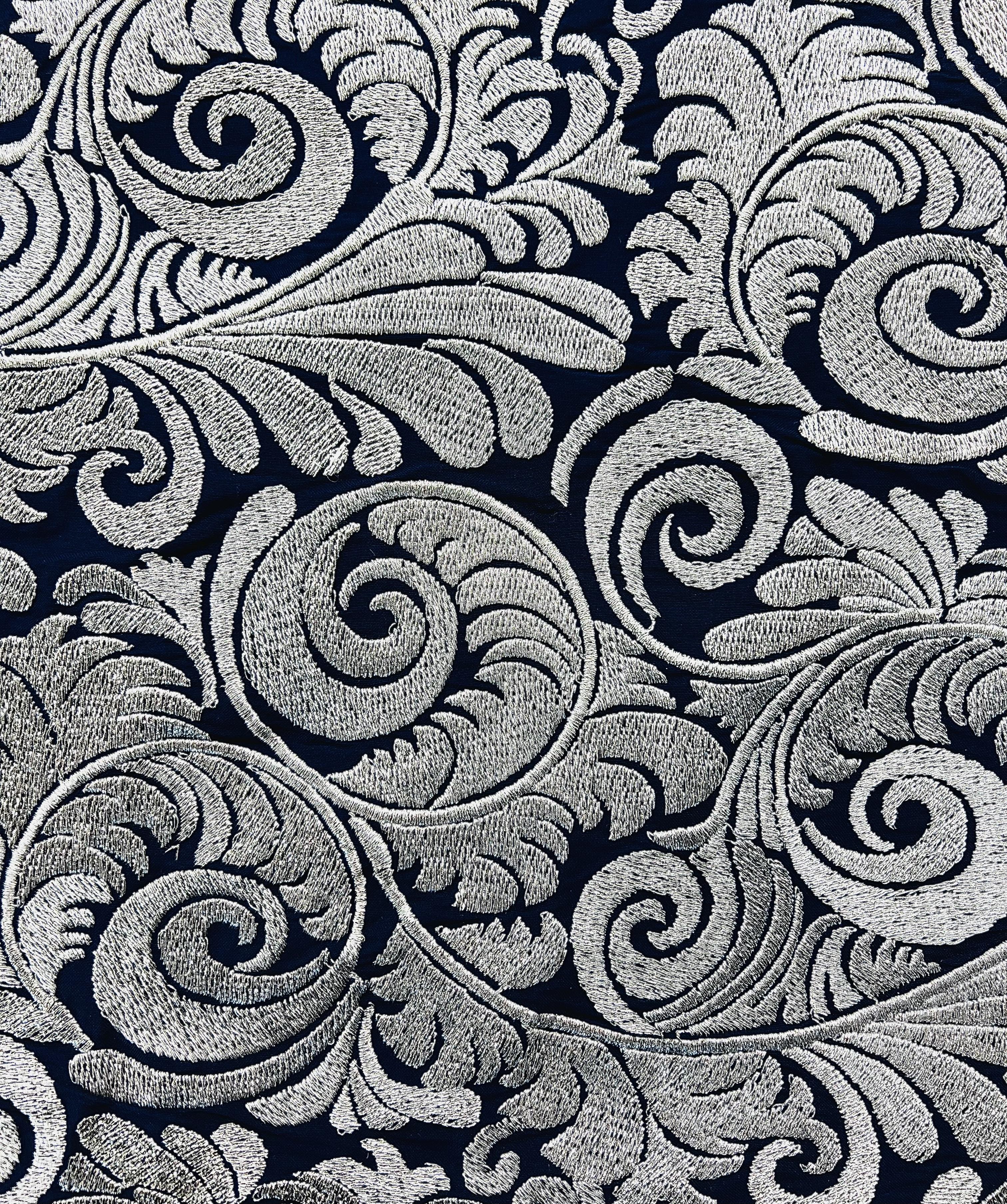 Embroidered NavyTaffeta in Silver