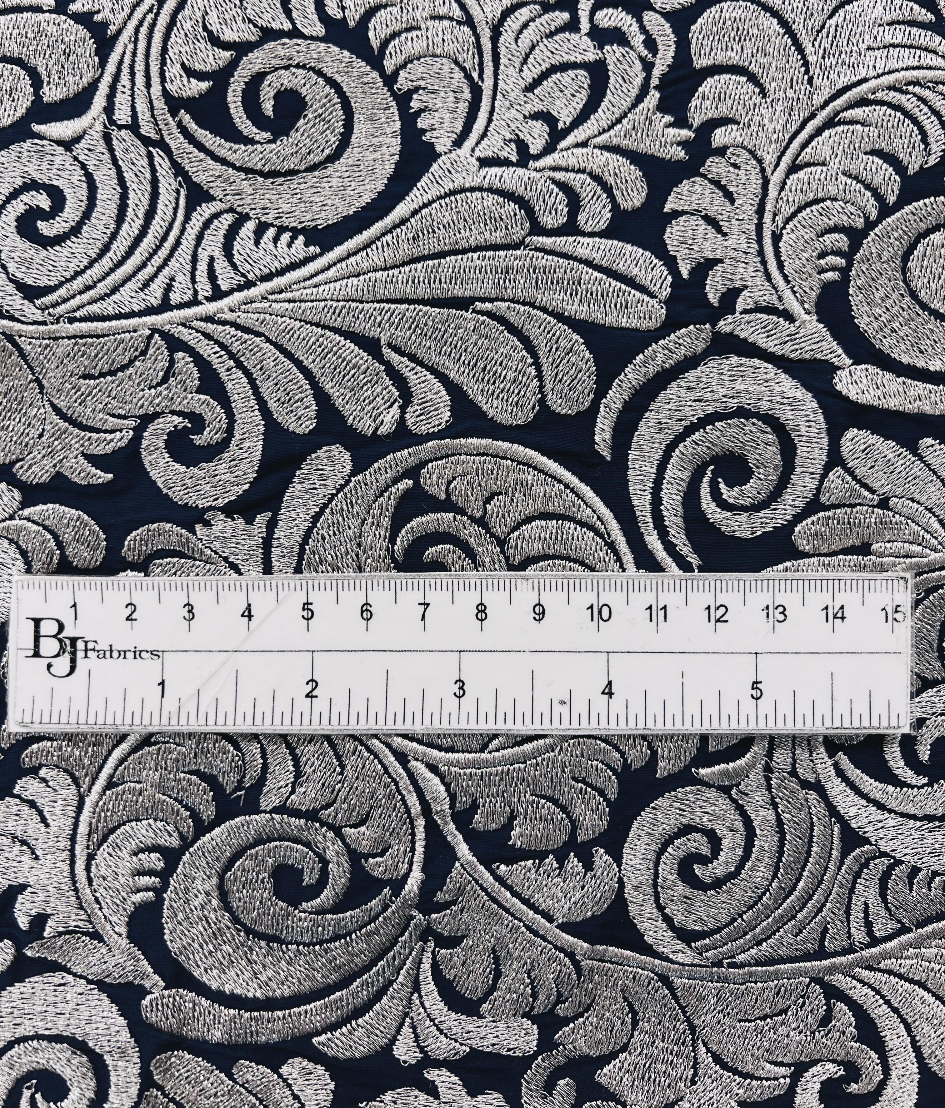 Embroidered NavyTaffeta in Silver