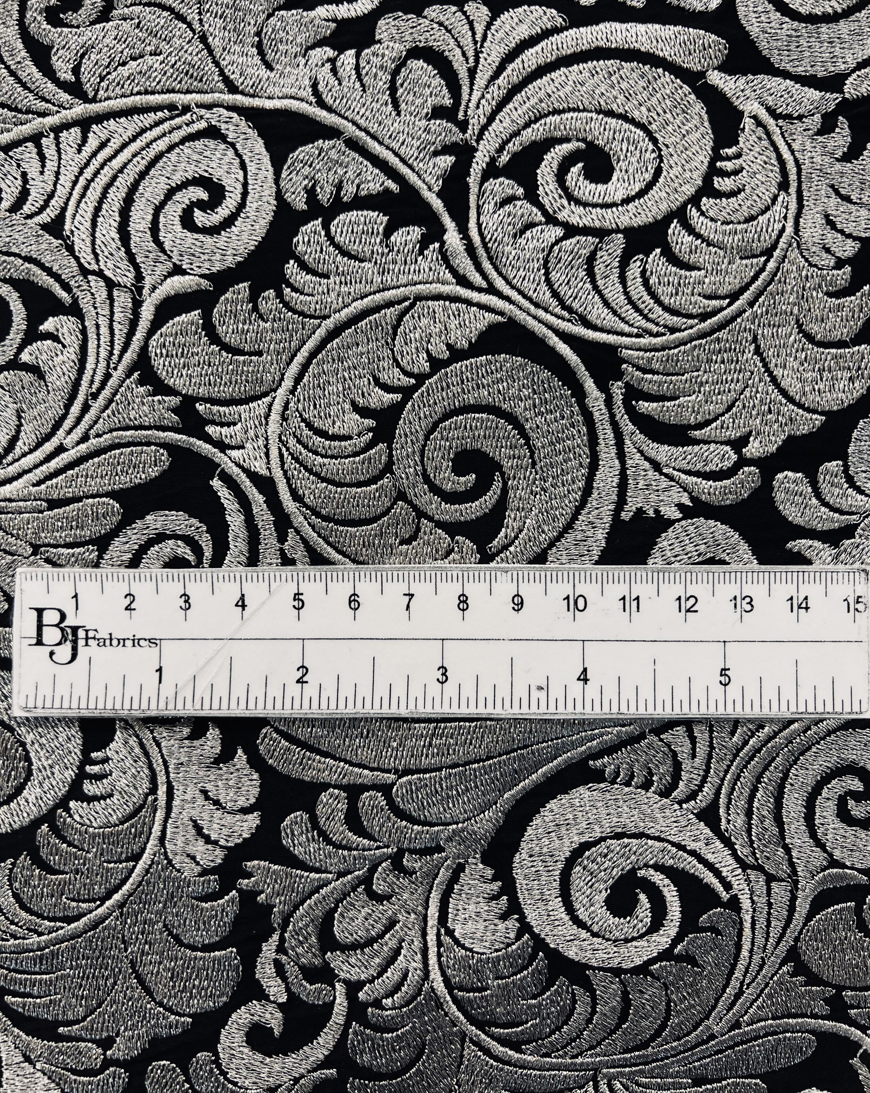 Embroidered Black Taffeta in Silver