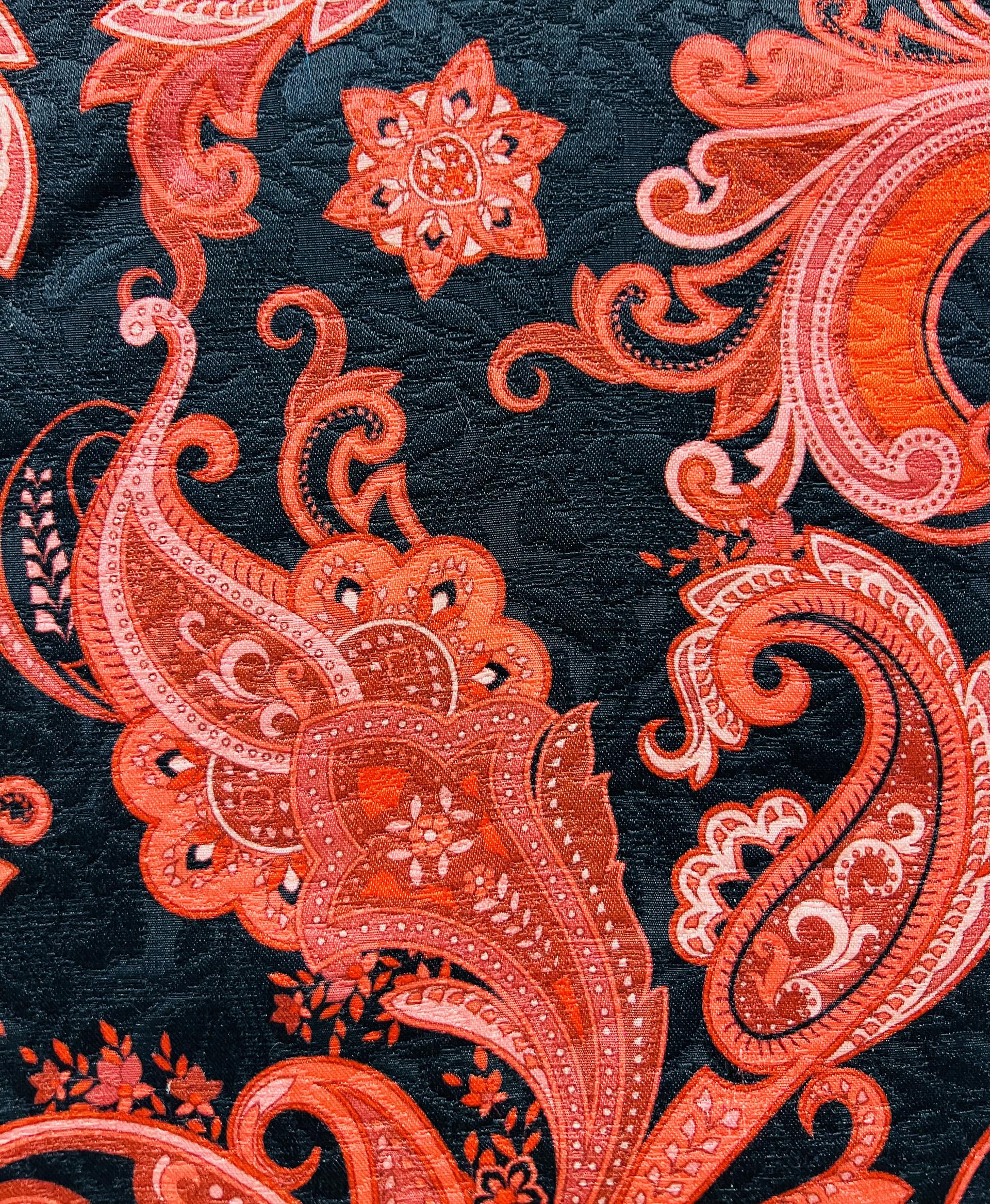 Printed Pure Silk Damask in Coral & Black