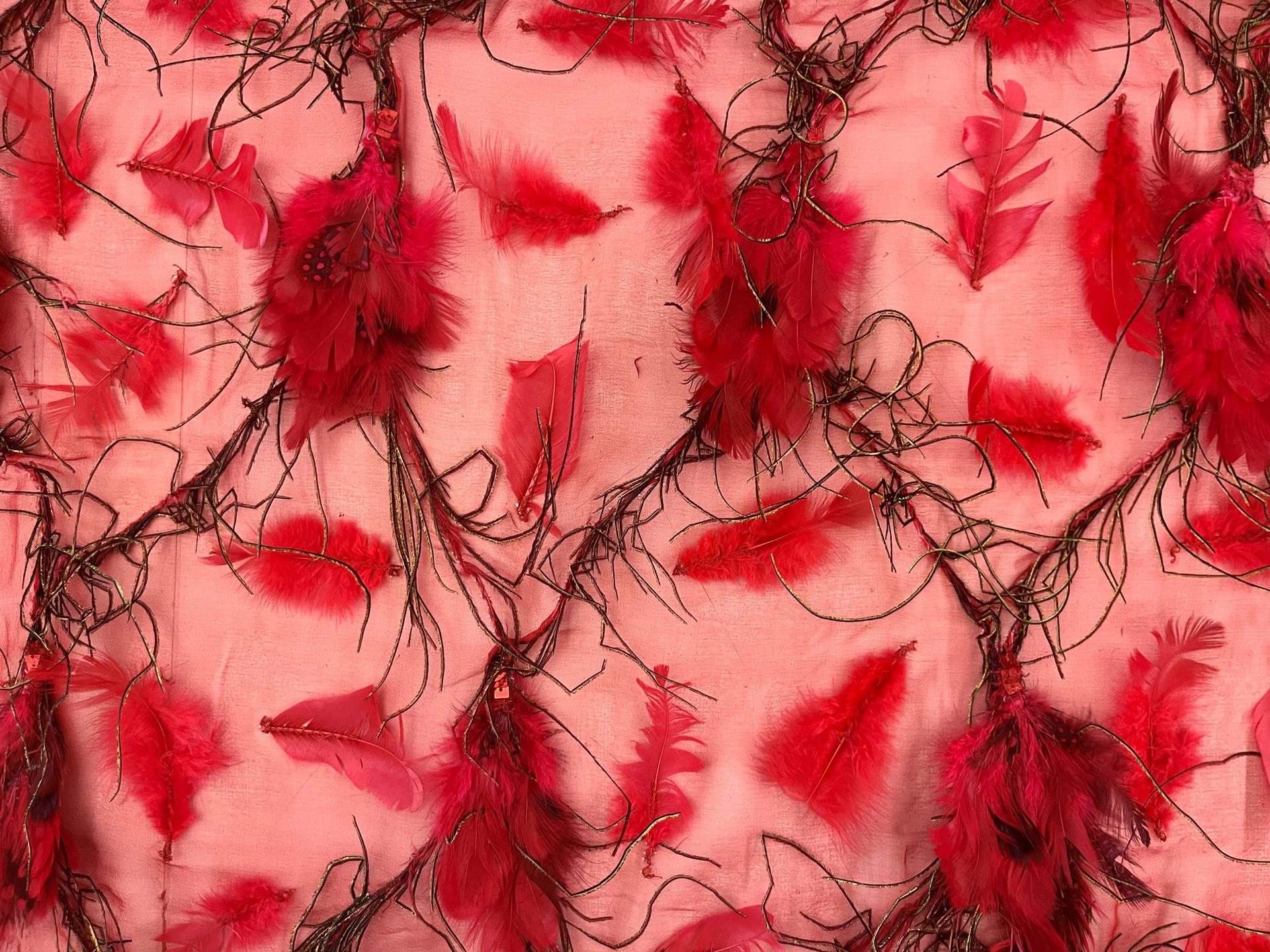 Feathers on Silk Chiffon in Red