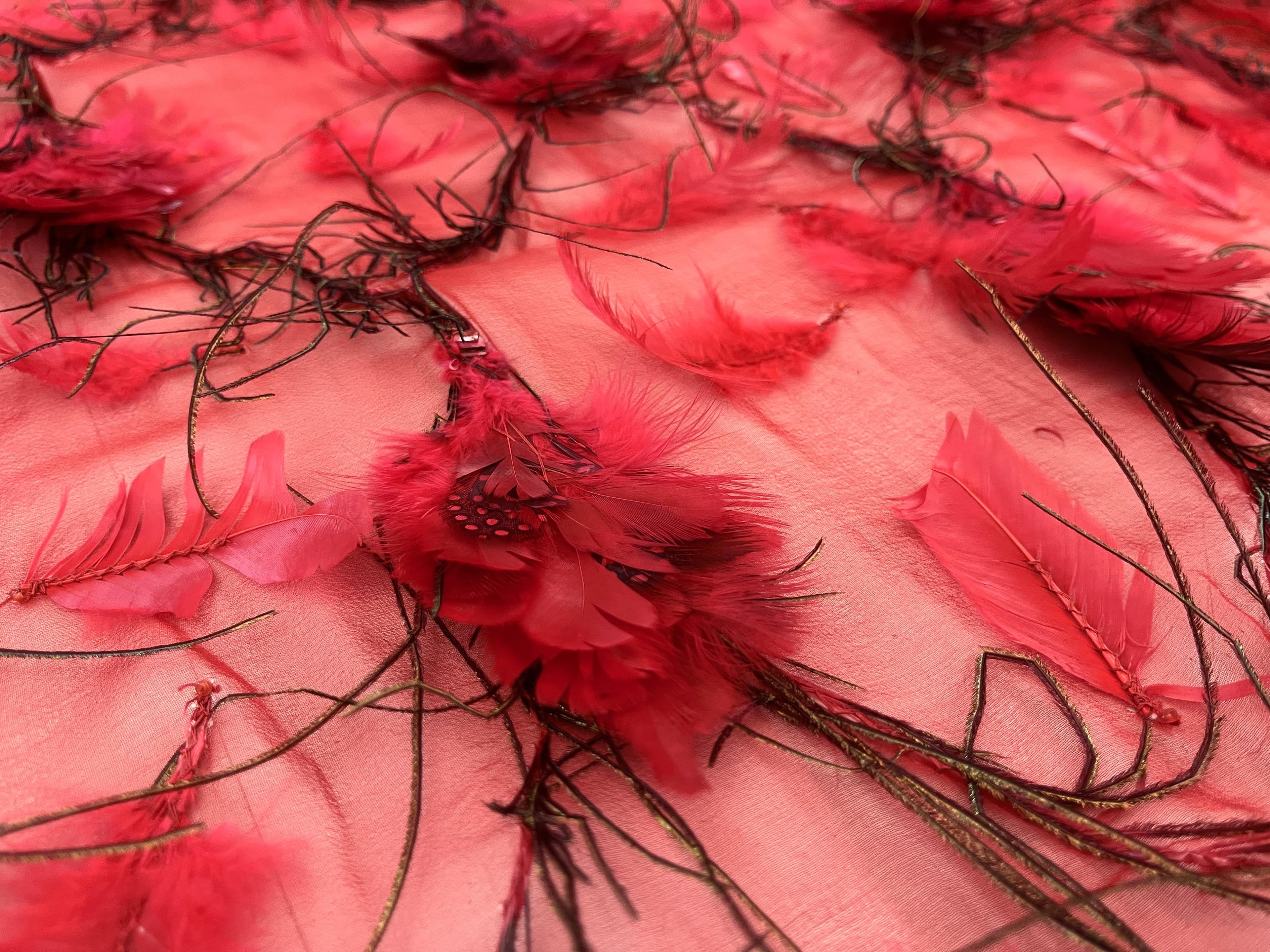 Feathers on Silk Chiffon in Red