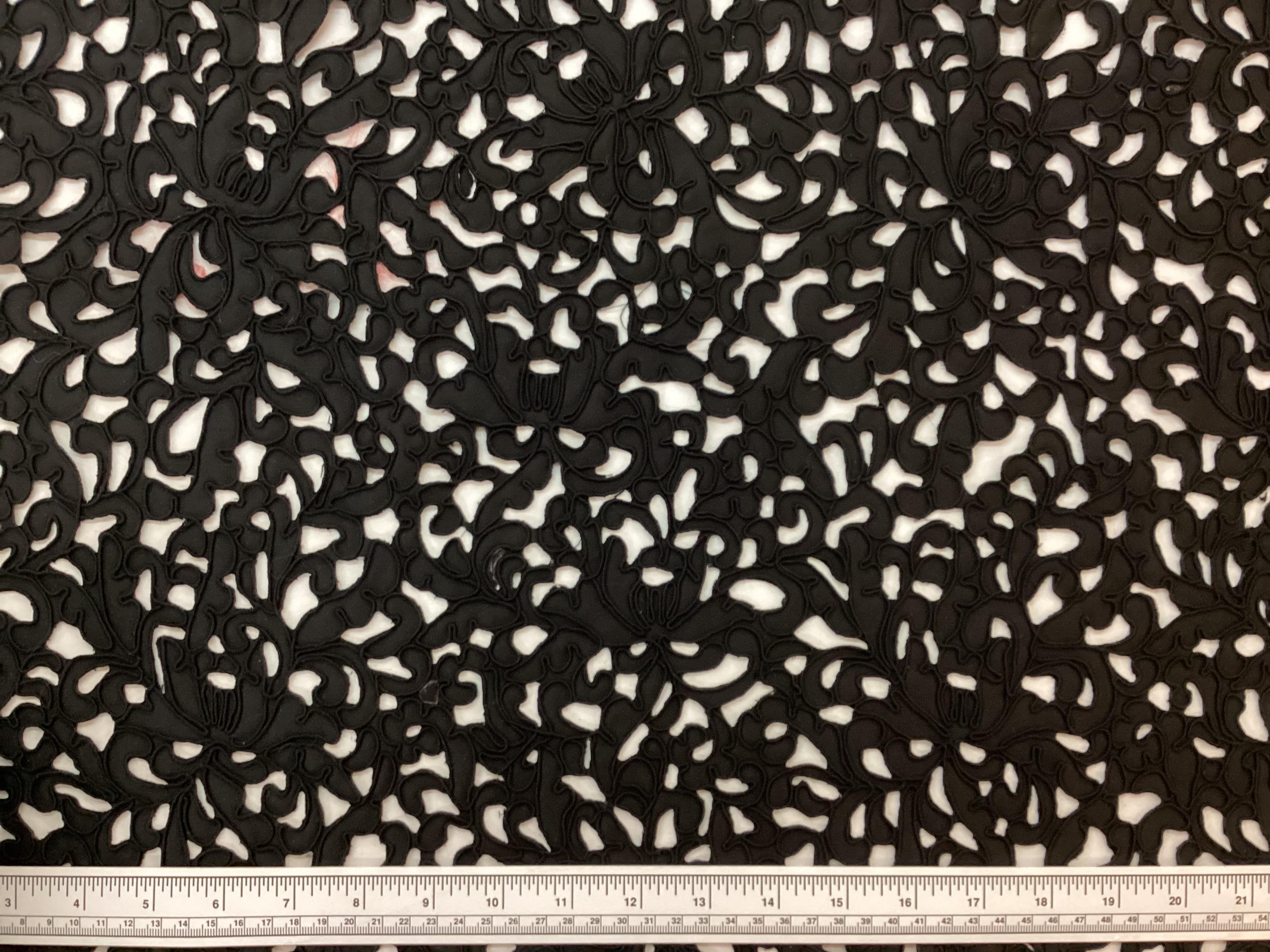 Laser Cut Polyester Satin with Soutach in Black