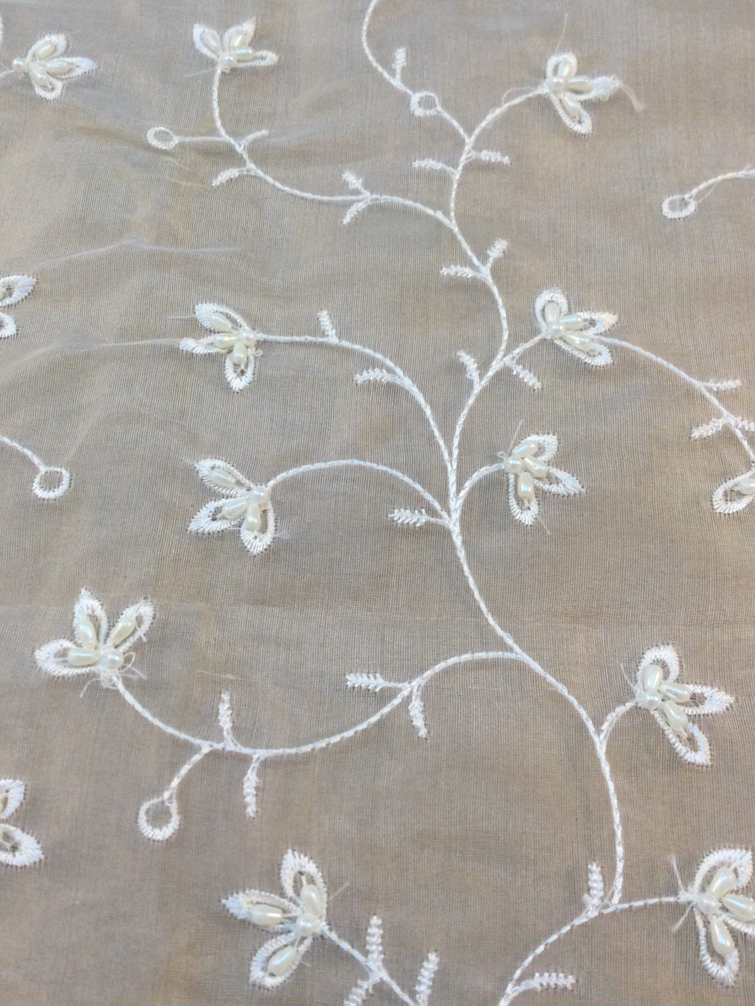 Embroidered Silk Organza w/ Pearls in Off White