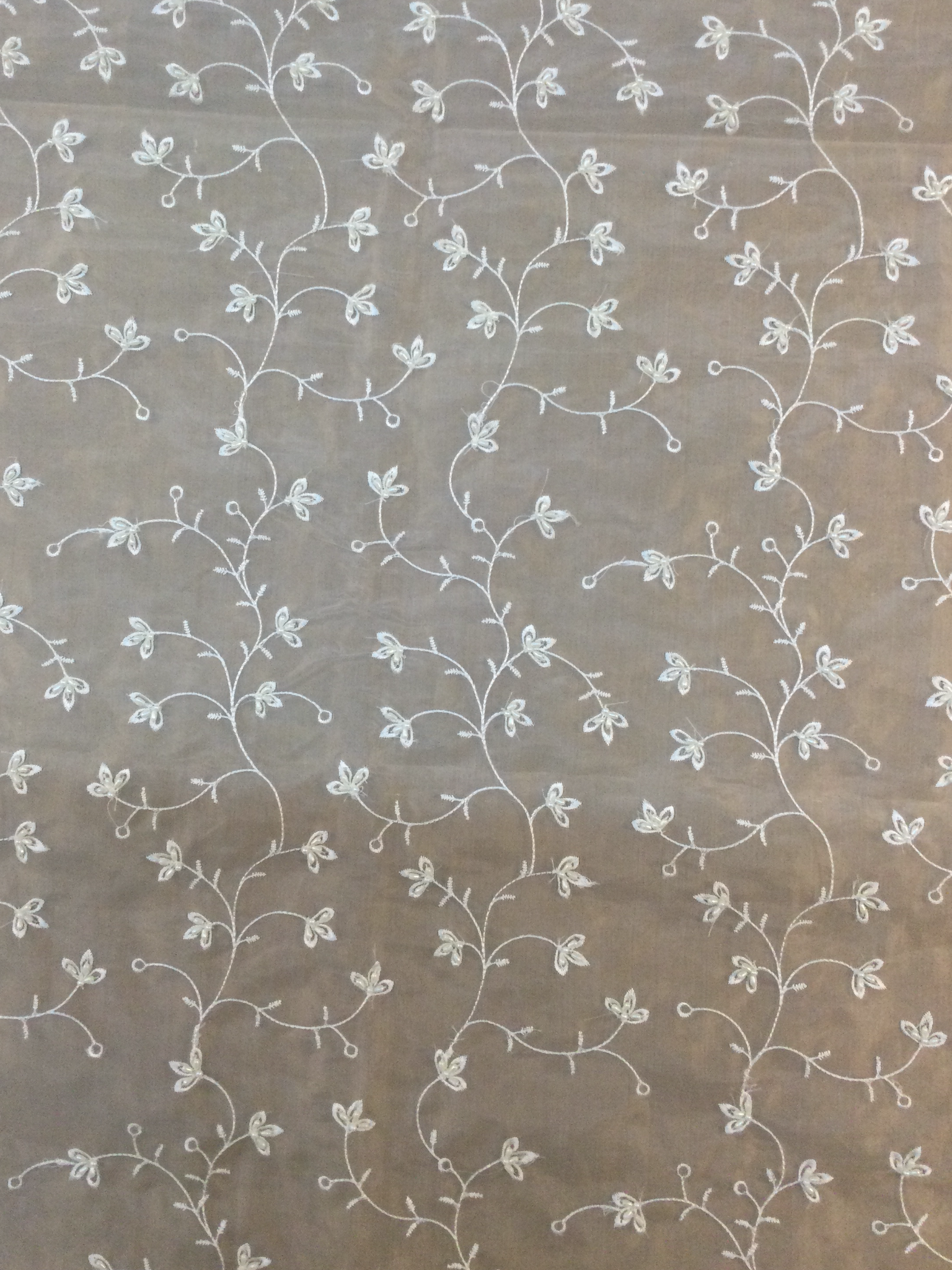 Embroidered Silk Organza w/ Pearls in Off White