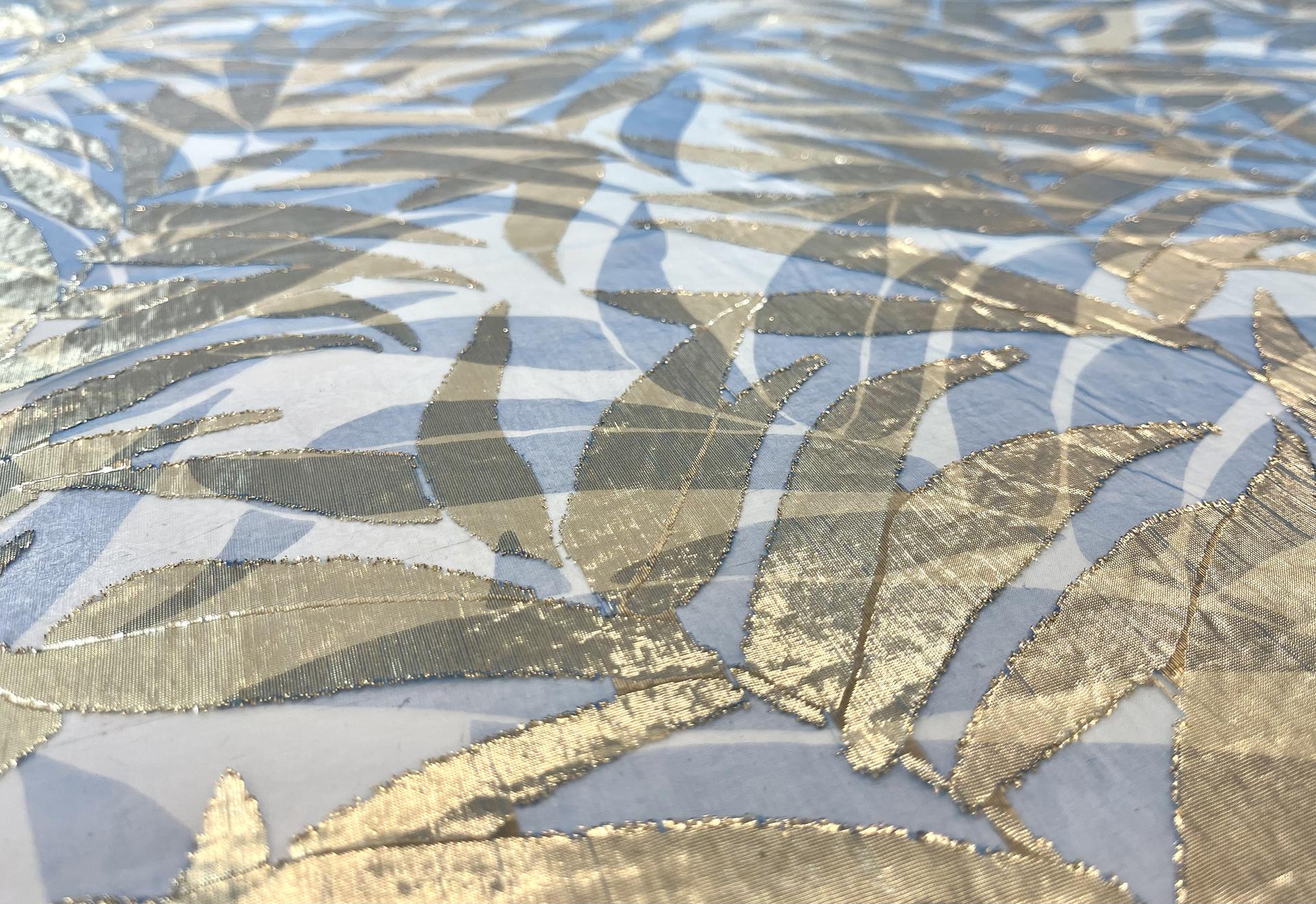 Printed Silk/Metallic Fil Coupe in Blue/Gold Leaf Design