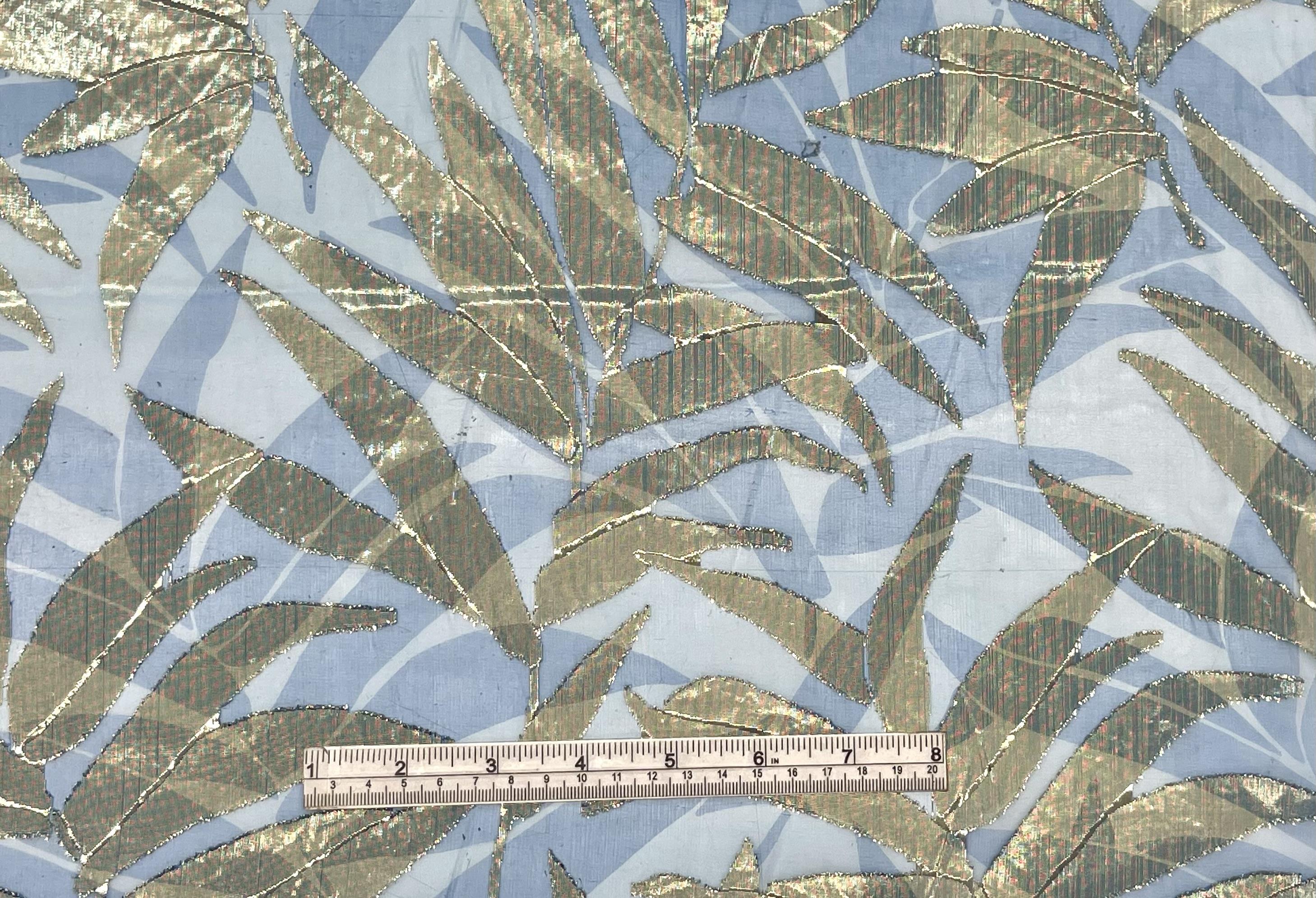 Printed Silk/Metallic Fil Coupe in Blue/Gold Leaf Design