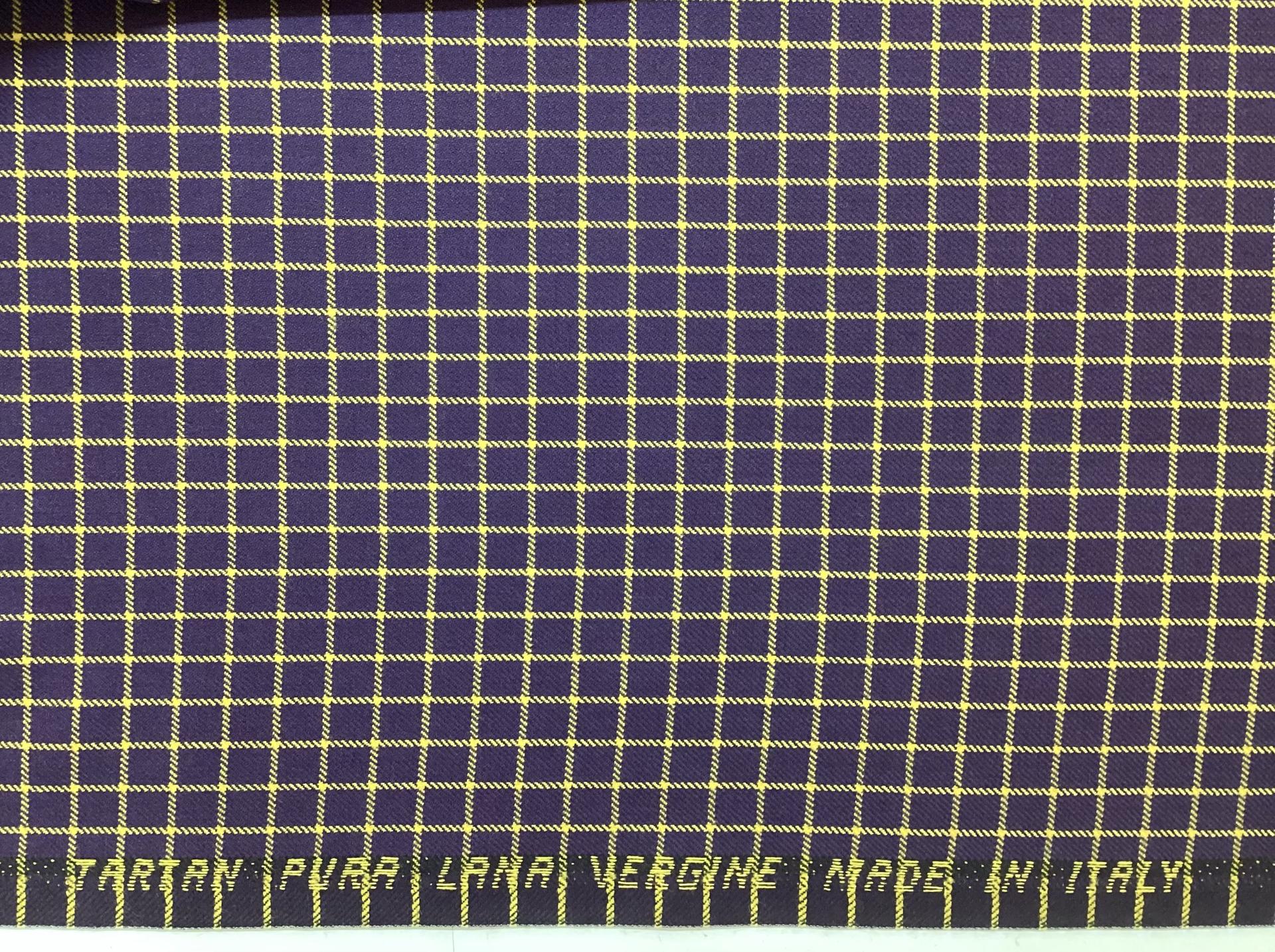 Made in Italy 100% Wool Windowpane In Golden Yellow On Eggplant