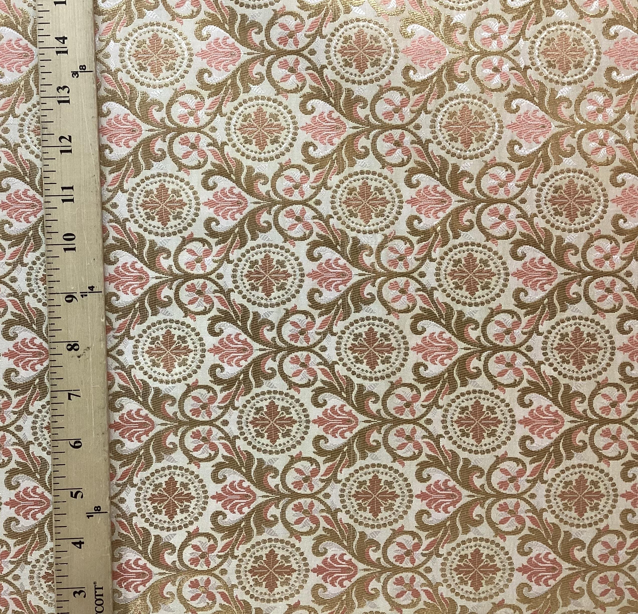 Metallic Brocade in Off White with Gold & Pink