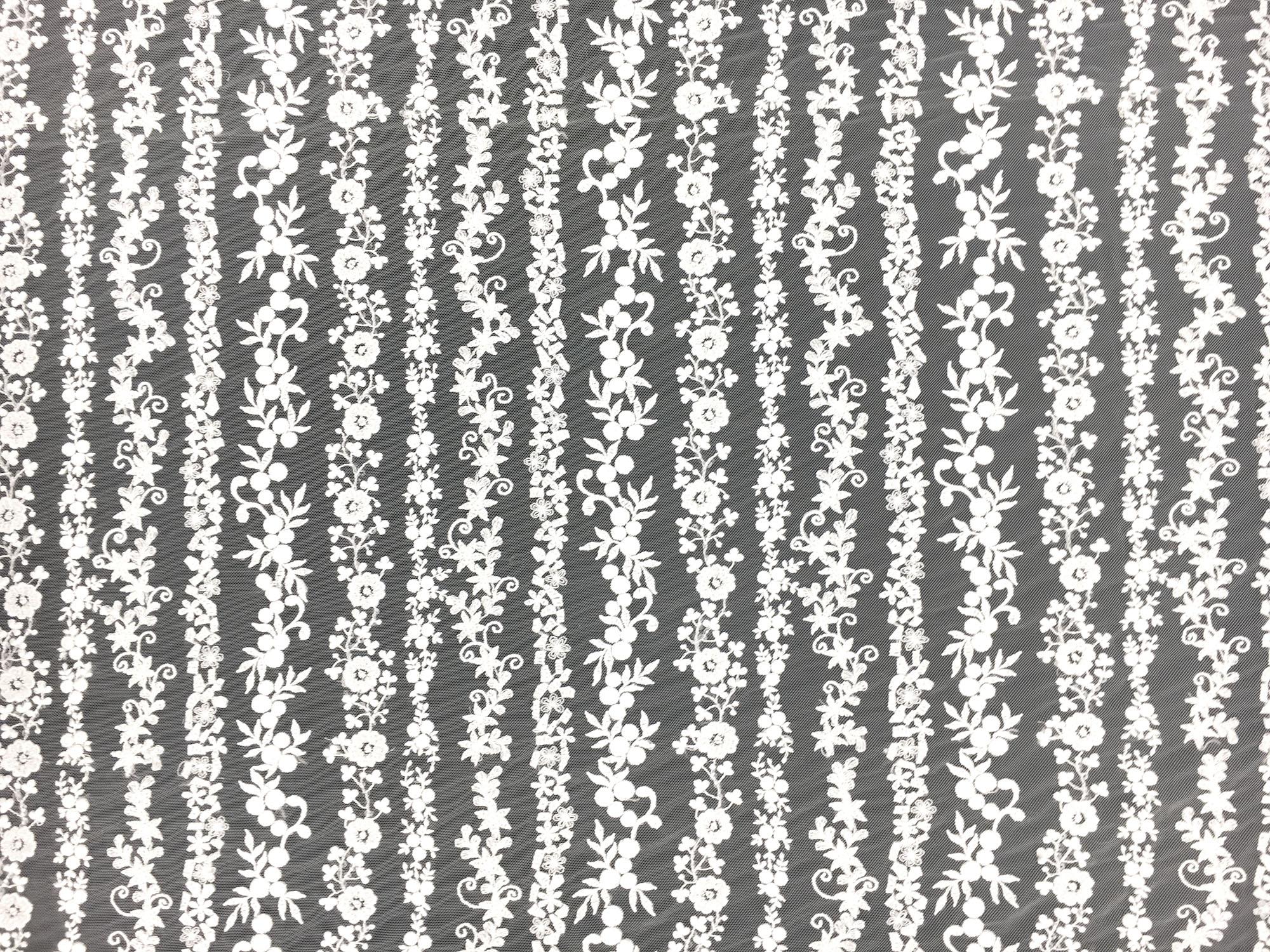 Beaded and Embroidered Tulle with Rows of Detailed Florals in White