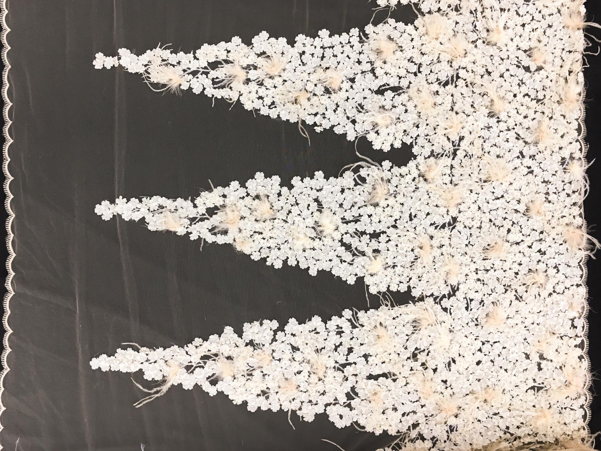 Beaded and Embroidered Tulle with Appliqued Flowers and Feathers in Triangle Patterns0