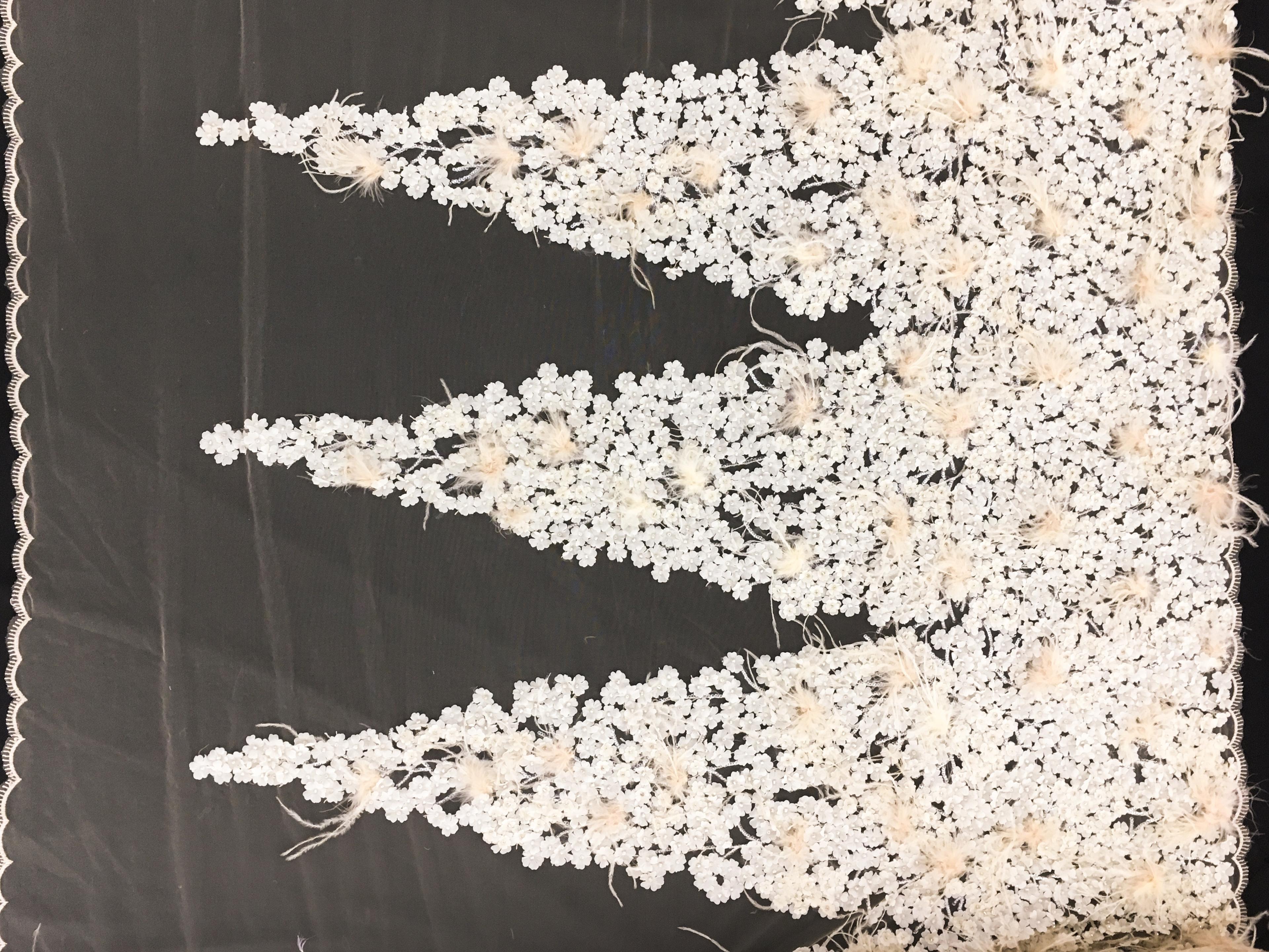 Beaded and Embroidered Tulle with Appliqued Flowers and Feathers in Triangle Patterns0