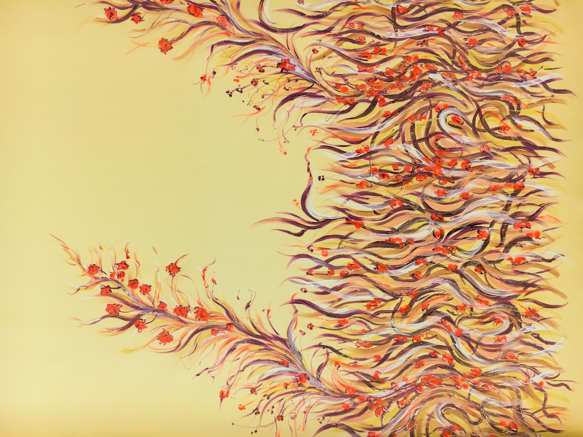 Hand Painted Silk Gazar with Leaves and Small Flowers0