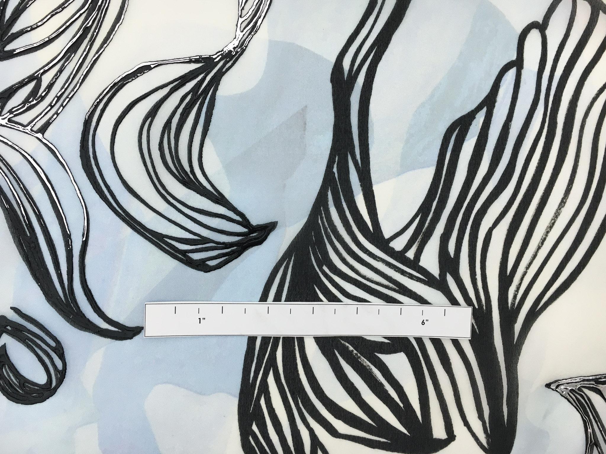 Abstract Leaf Hand Painted Silk Organza with Black Lacquer and Silver Metallic Paint1