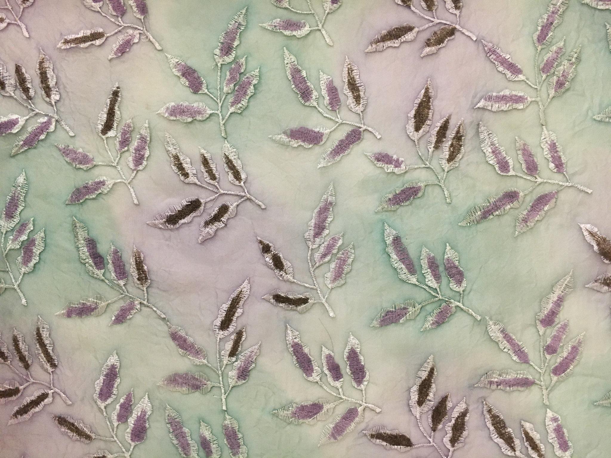 Crinkled Tie Dyed Silk Organza Embroidered with Leaves0