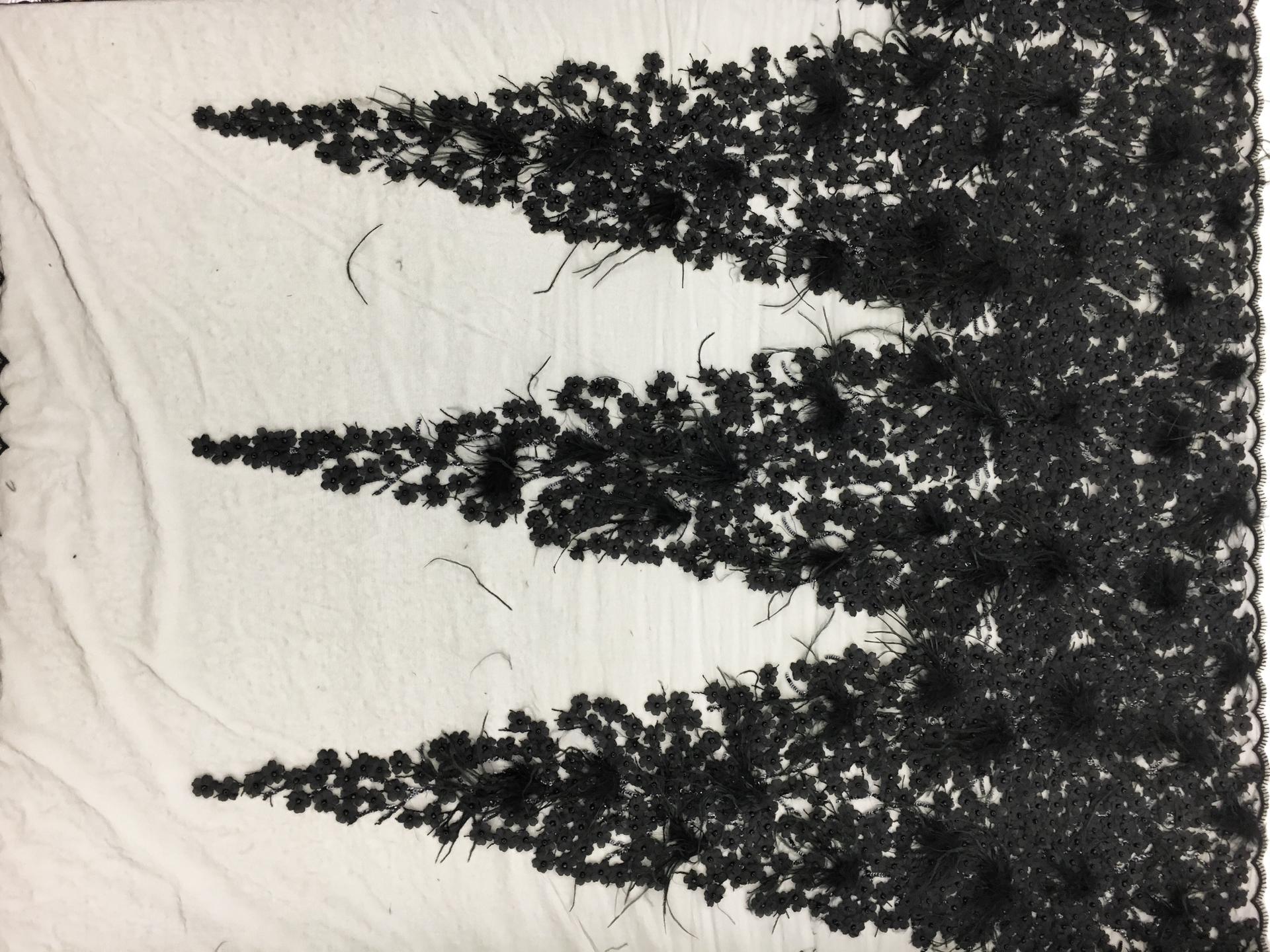 Beaded and Embroidered Tulle with Appliqued Flowers and Feathers in Triangle Patterns0