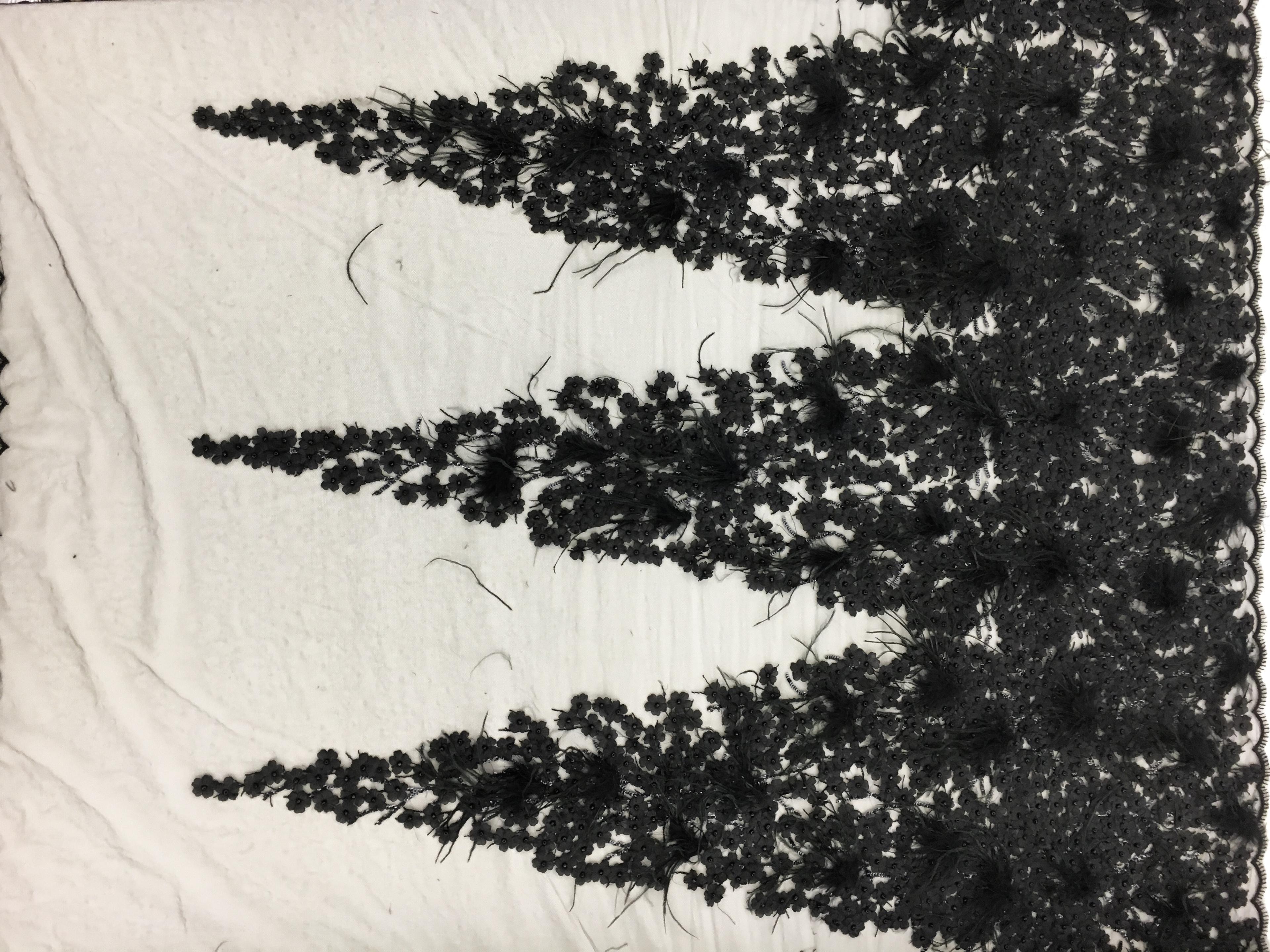 Beaded and Embroidered Tulle with Appliqued Flowers and Feathers in Triangle Patterns