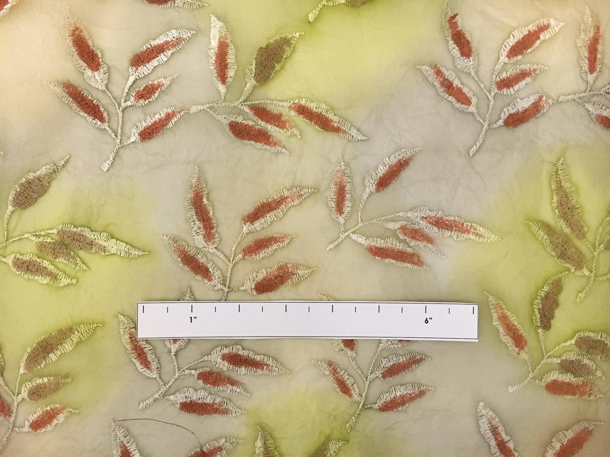 Crinkled Tie Dyed Silk Organza Embroidered with Leaves1