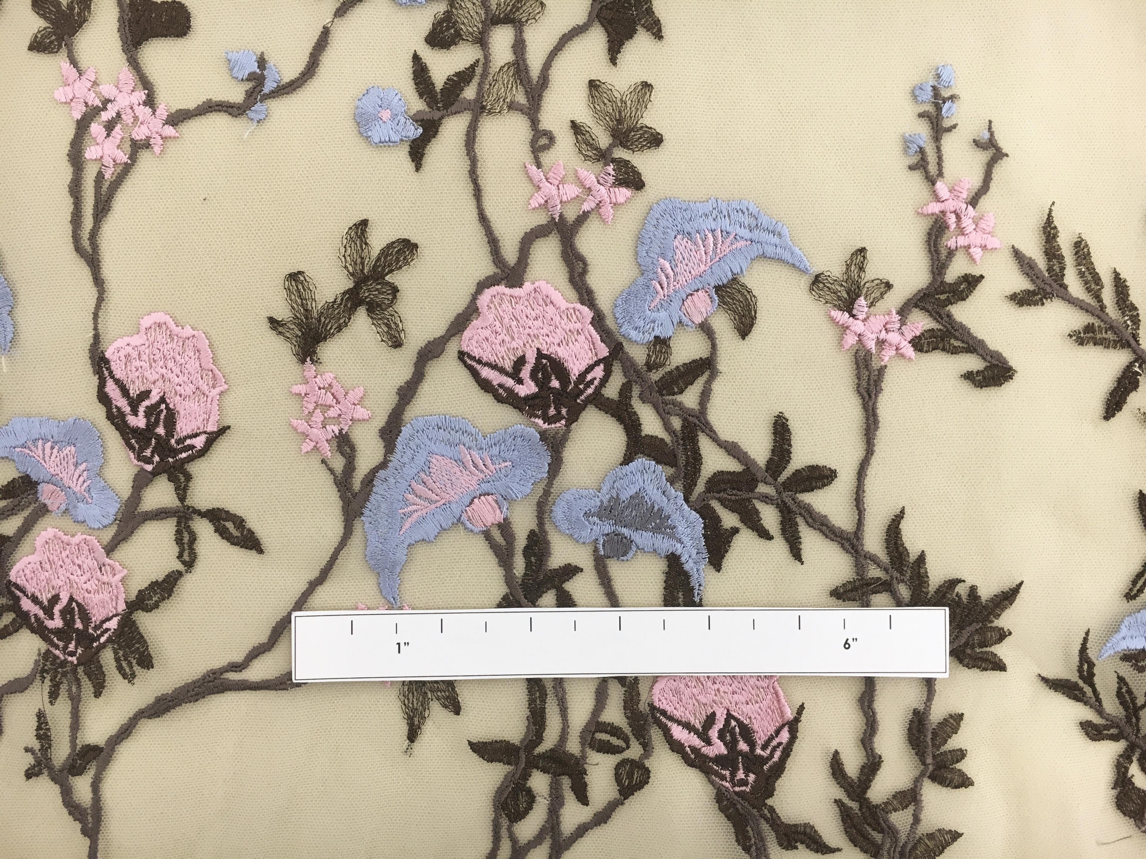 Metallic Embroidered Tulle with Metallic Embroidered with Blossoming Trees and Birds1