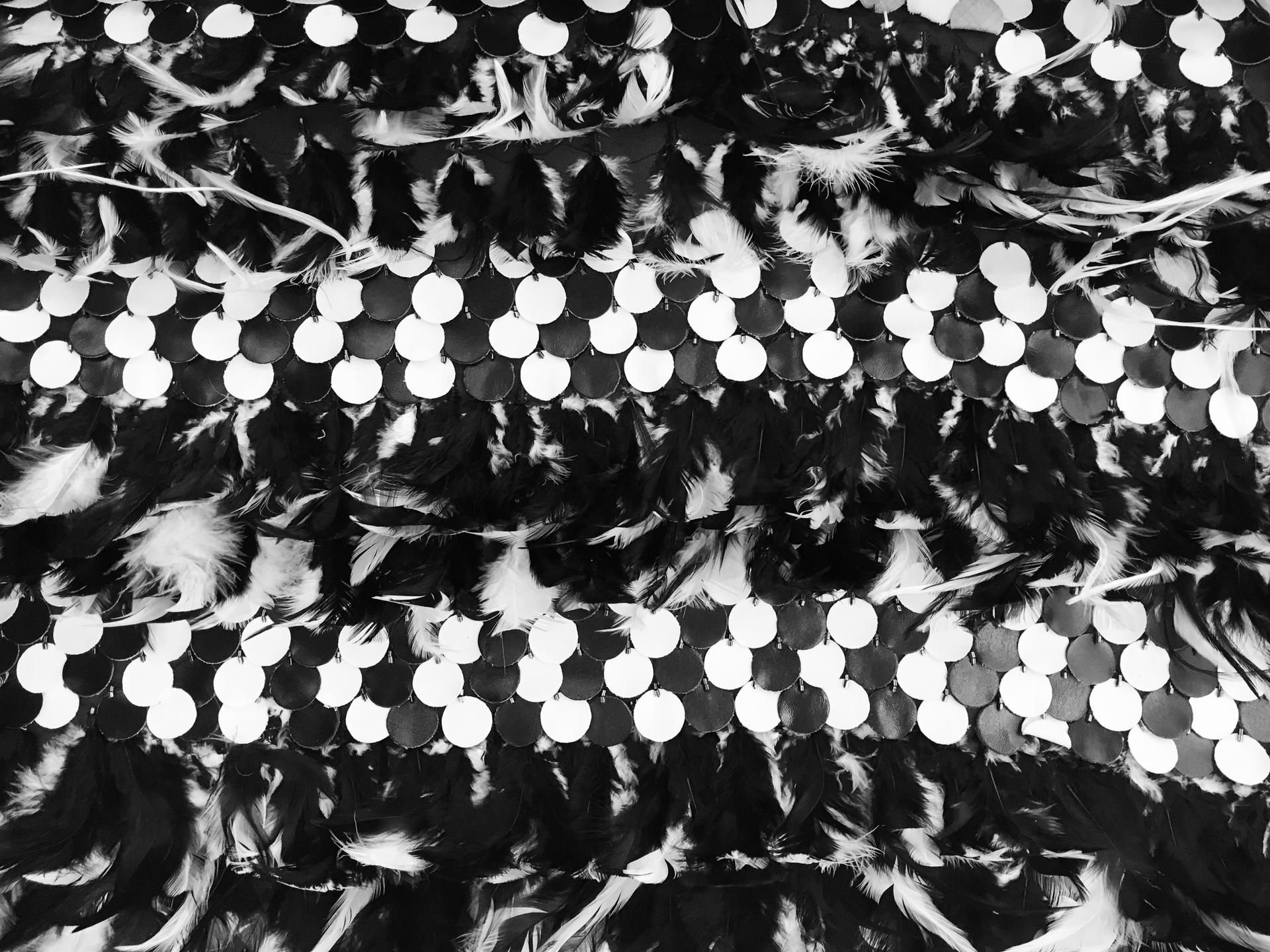 REDUCED Novelty Leather Sequins and Feathers on Silk Chiffon0