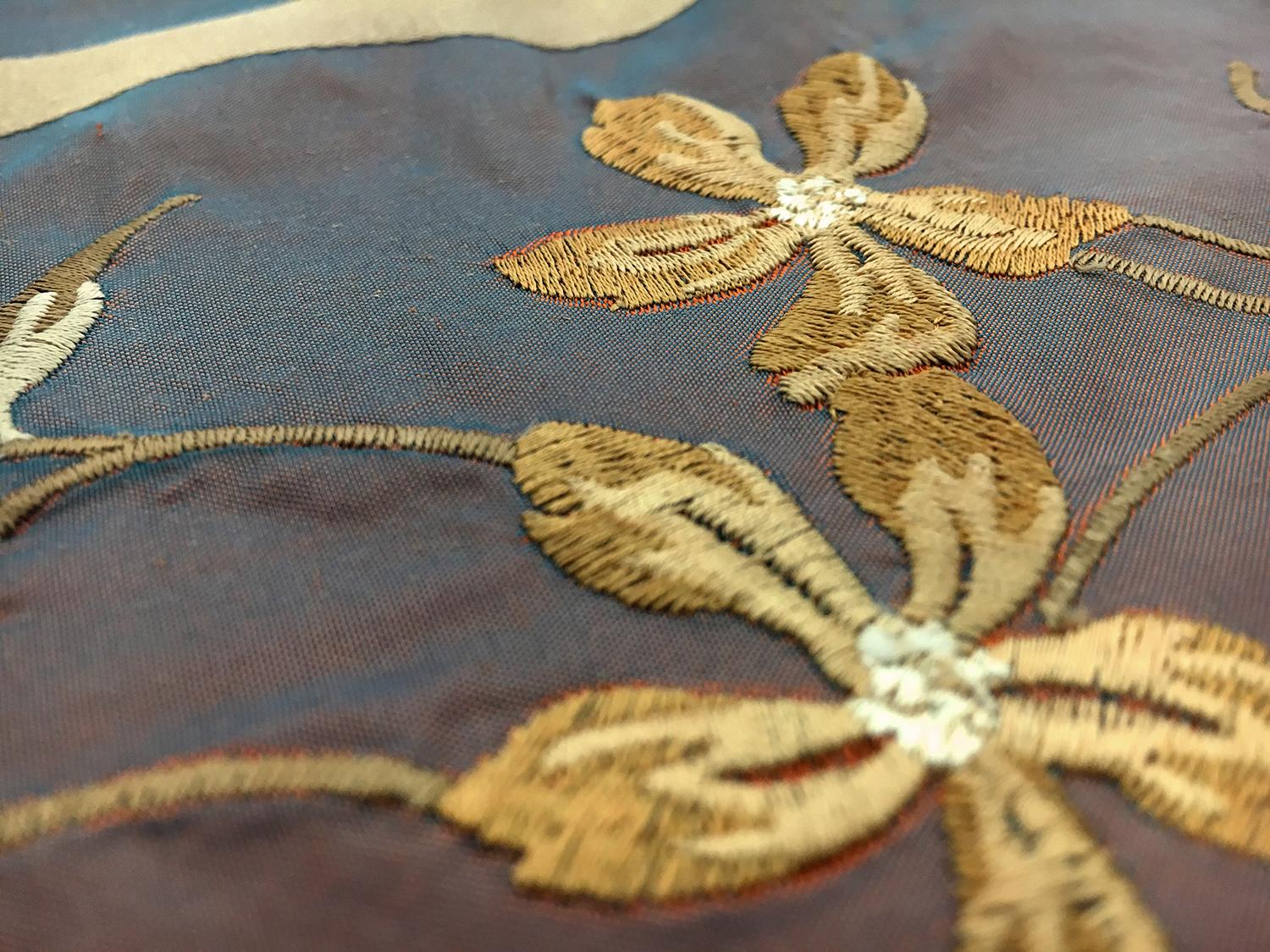 Iridescent Silk Taffeta with Satin Stripes and Embroidered Flowers2