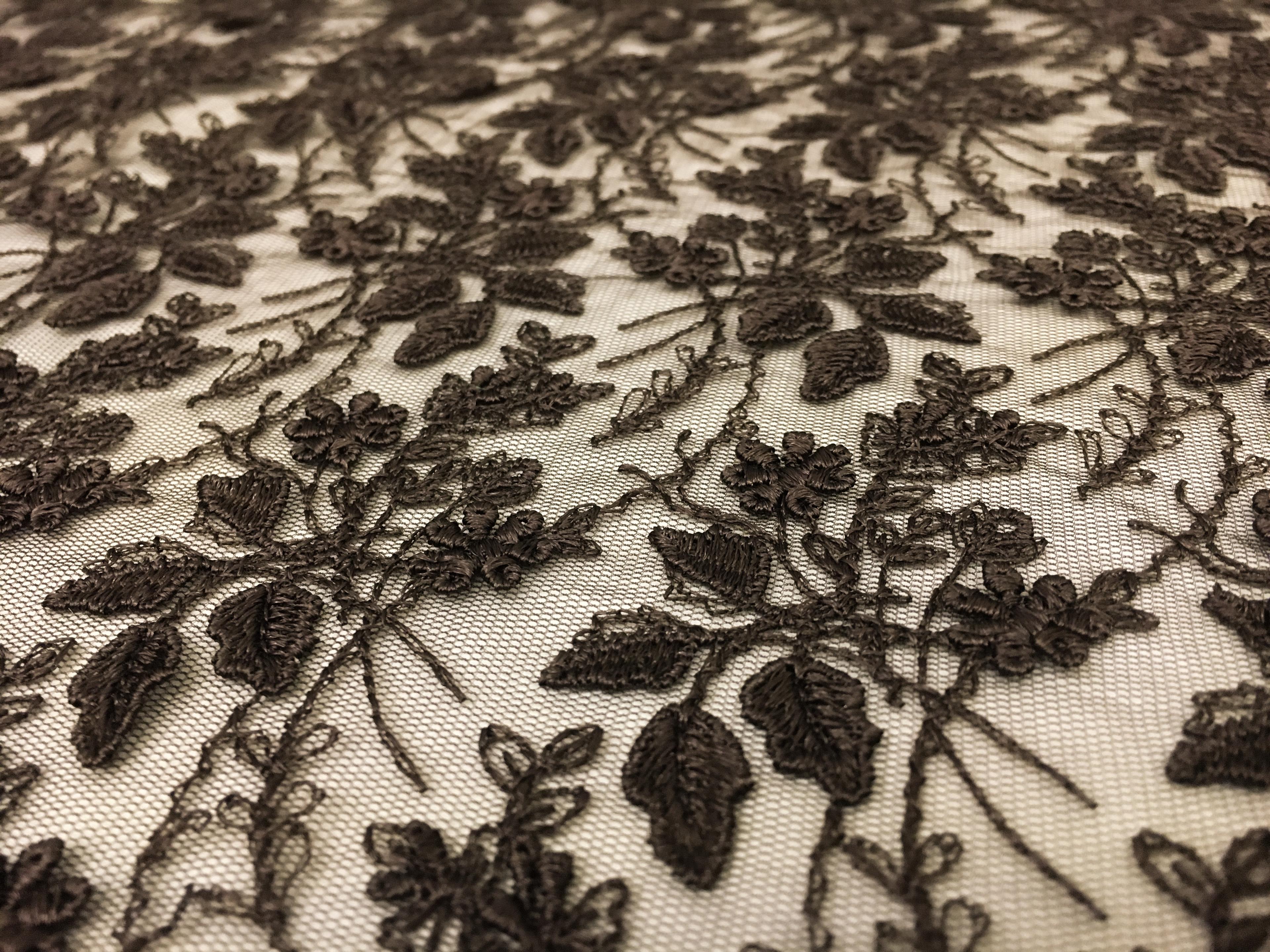 Brown Embroidered Illusion with Flowers and Leaves with Double Scallop2