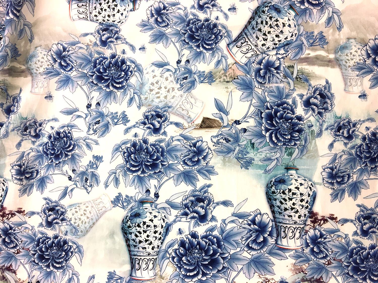 Linen Handkerchief Print with China Vases and Flowers 0