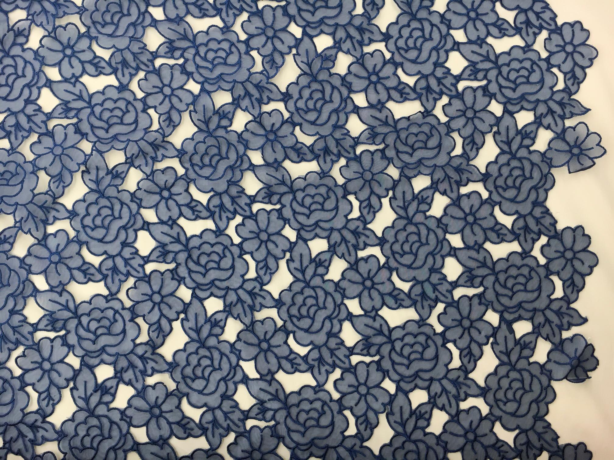 Embroidered Cut Out Polyester Organza with Rose Pattern in Navy0