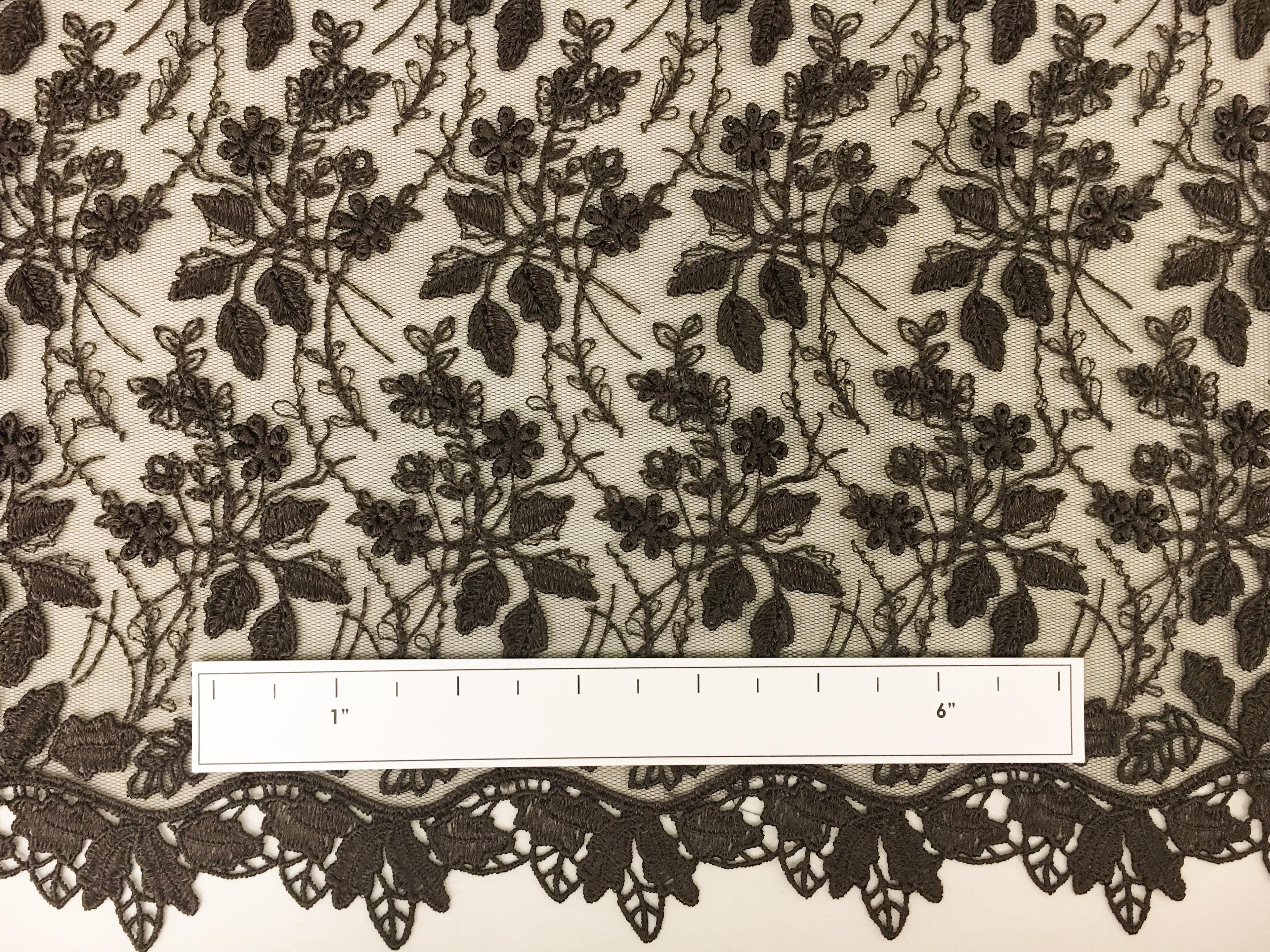 Brown Embroidered Illusion with Flowers and Leaves with Double Scallop1