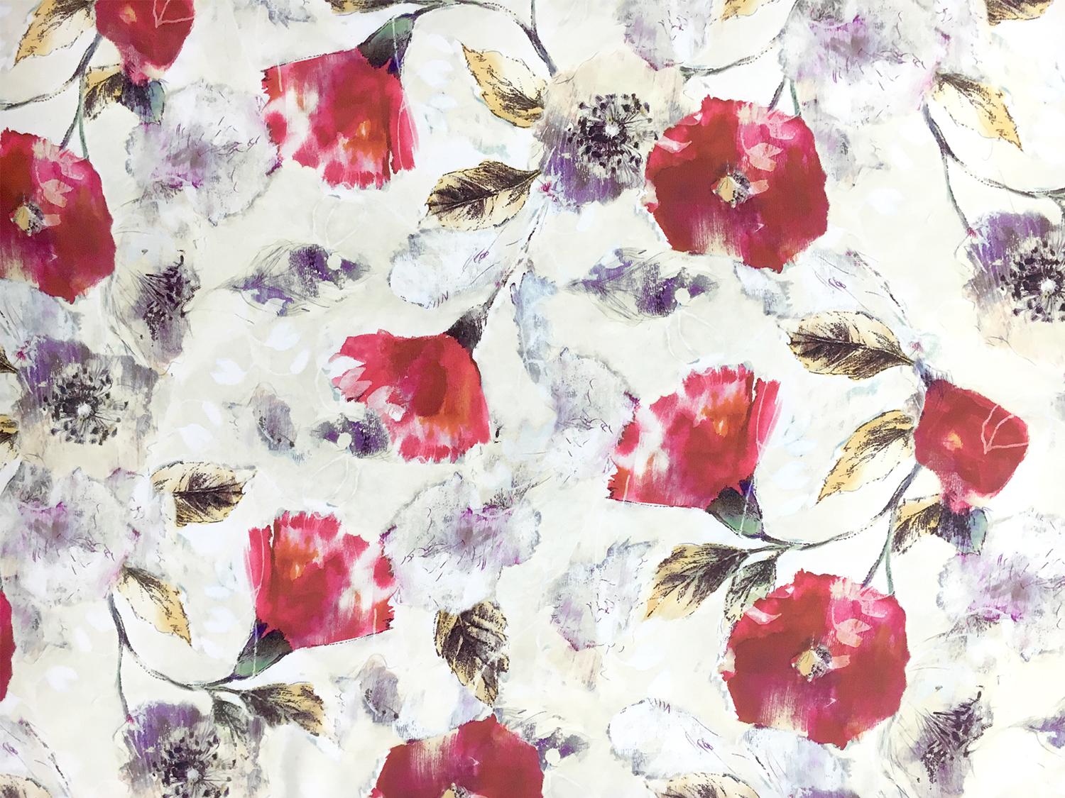 Printed Silk Crepe de Chine with Water Color Poppies0