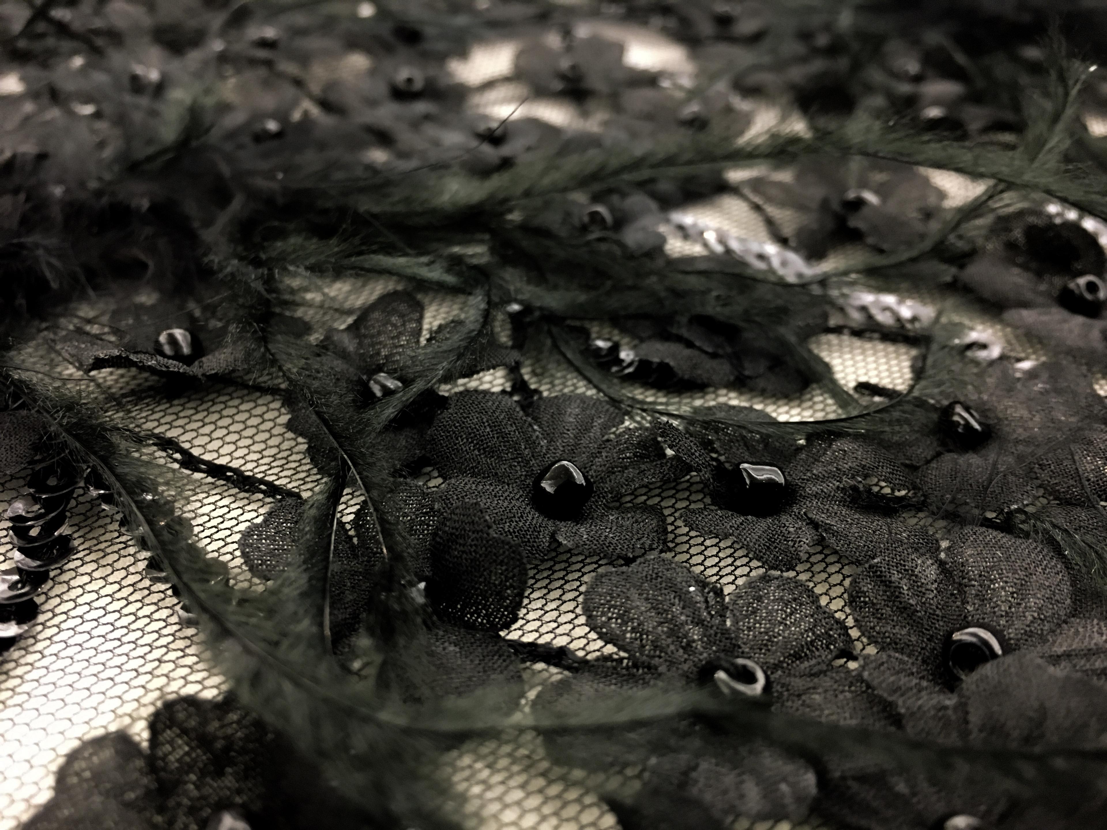 Beaded and Embroidered Tulle with Appliqued Flowers and Feathers in Triangle Patterns2