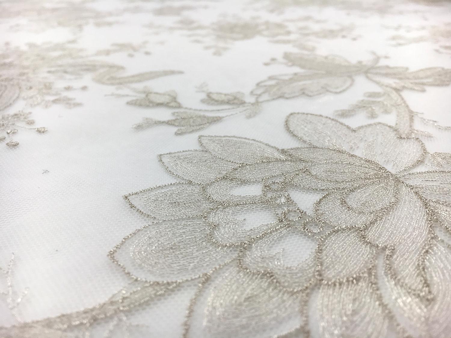 Jacob Schlaepfer Metallic Embroidered Tulle with Florals and Ribbons in Champagne3